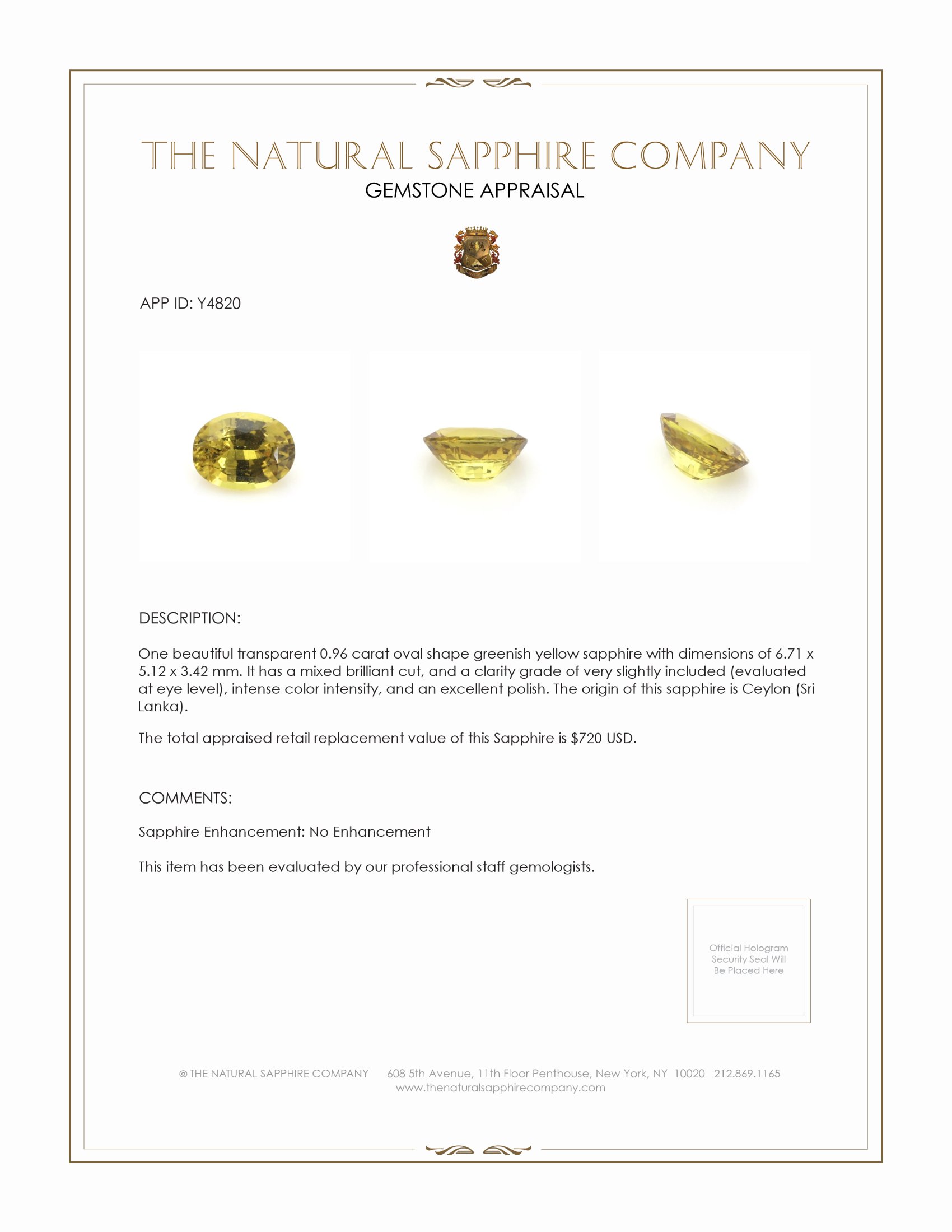 0.96 Ct. Greenish Yellow Sapphire from Ceylon (Sri Lanka)