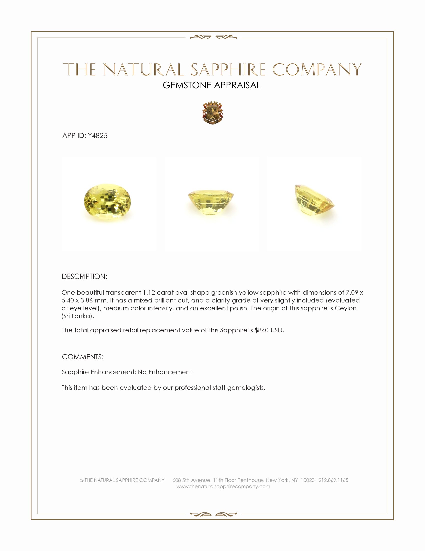 1.12 Ct. Greenish Yellow Sapphire from Ceylon (Sri Lanka)
