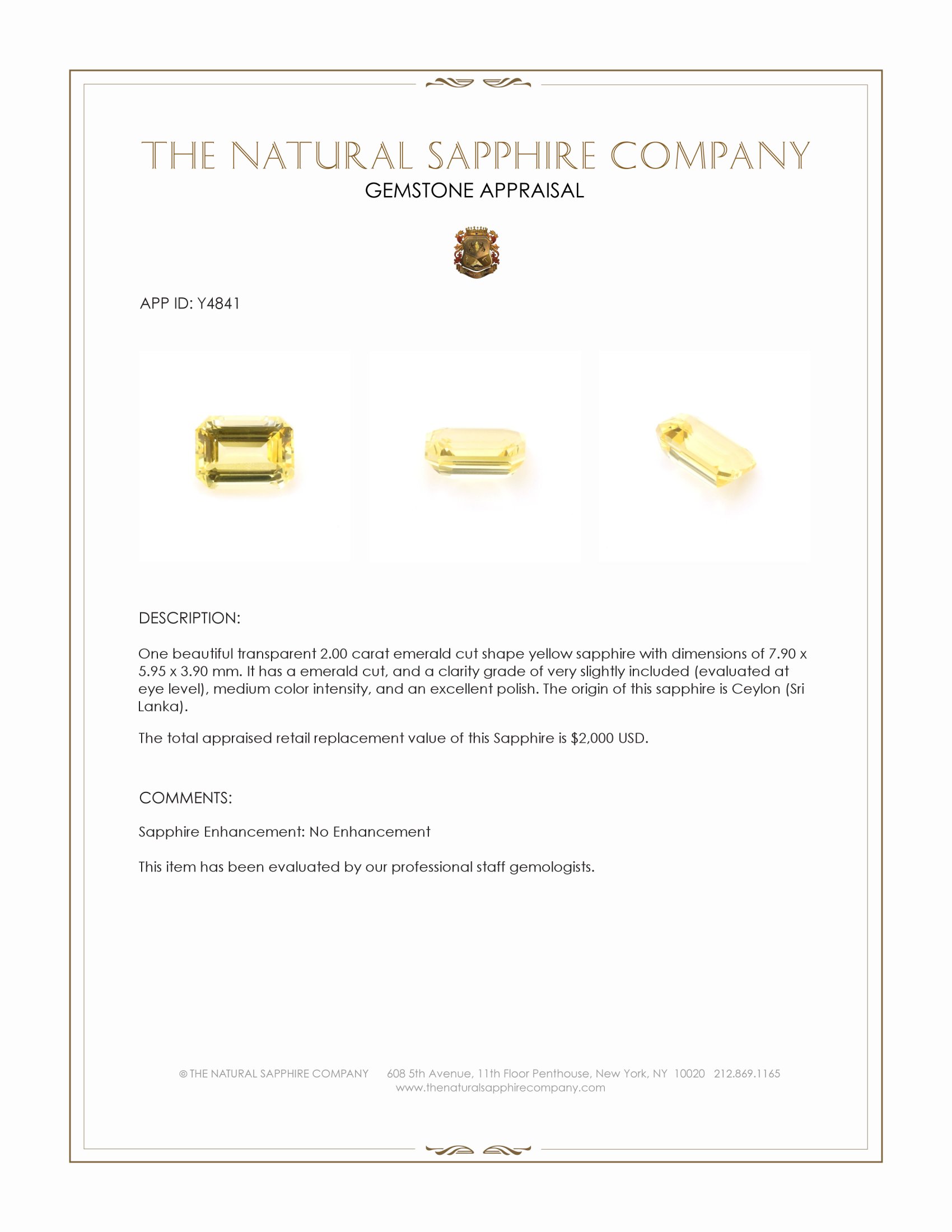 2.00 Ct. Yellow Sapphire from Ceylon (Sri Lanka)