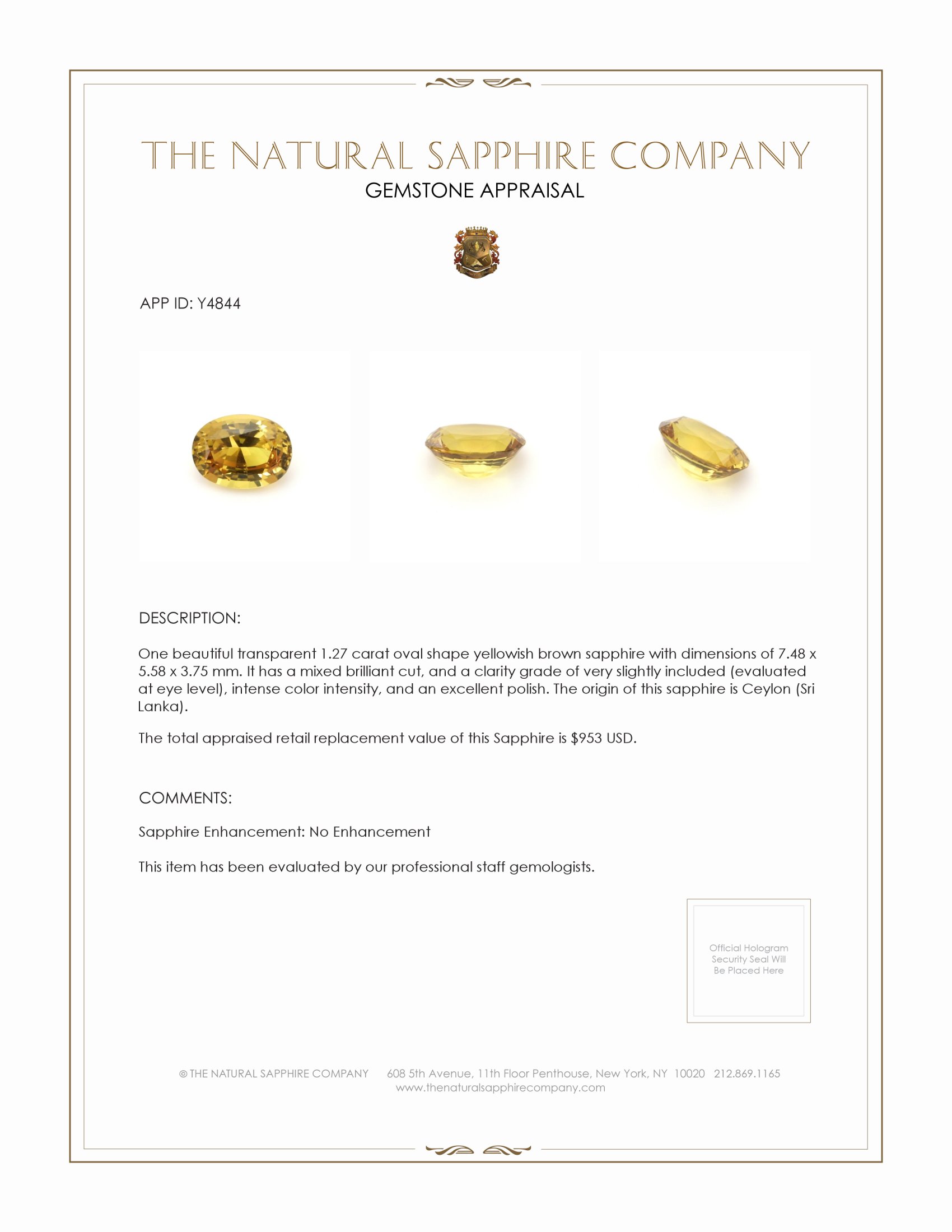 1.27 Ct. Yellowish Brown Sapphire from Ceylon (Sri Lanka)