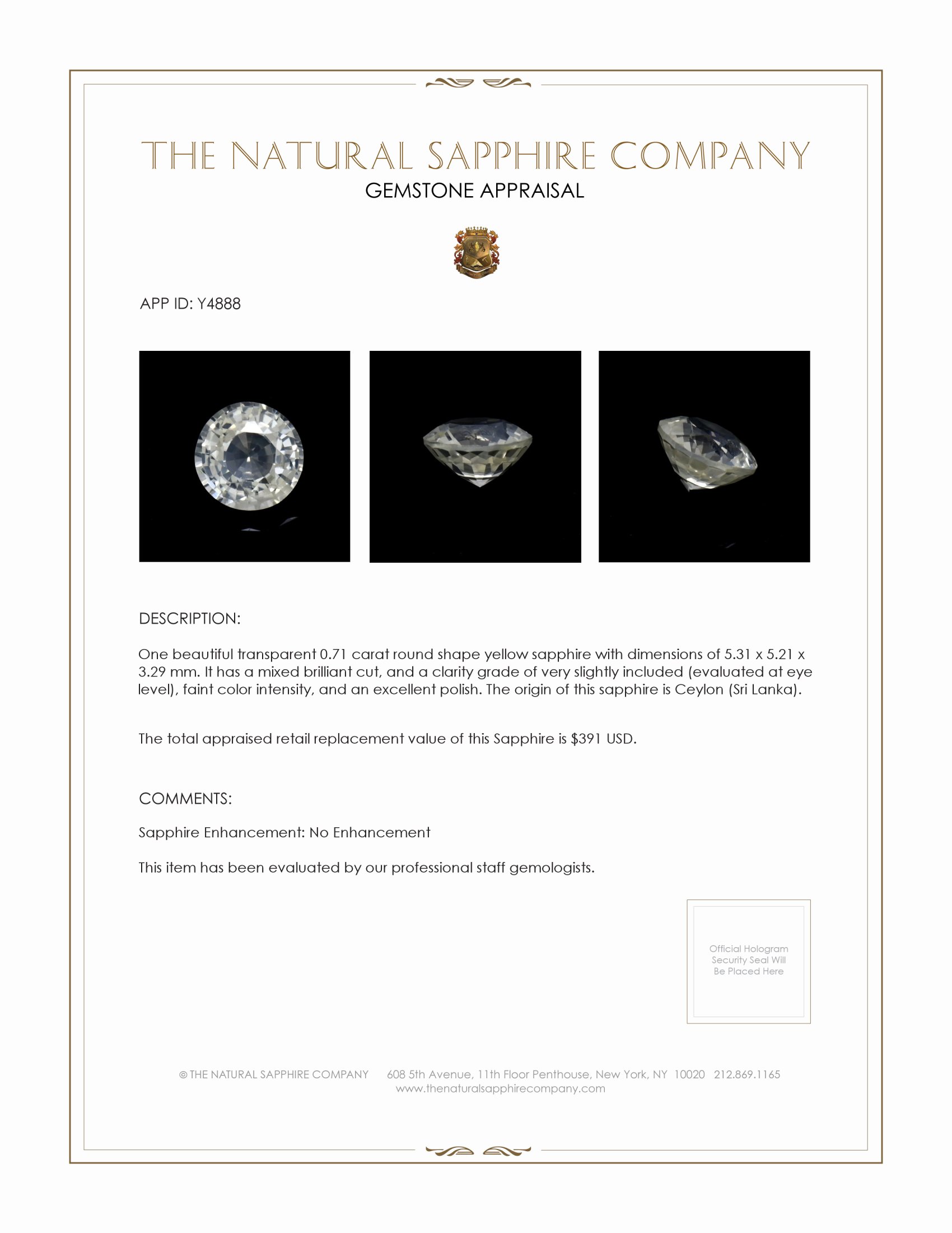 0.71 Ct. Yellow Sapphire from Ceylon (Sri Lanka)