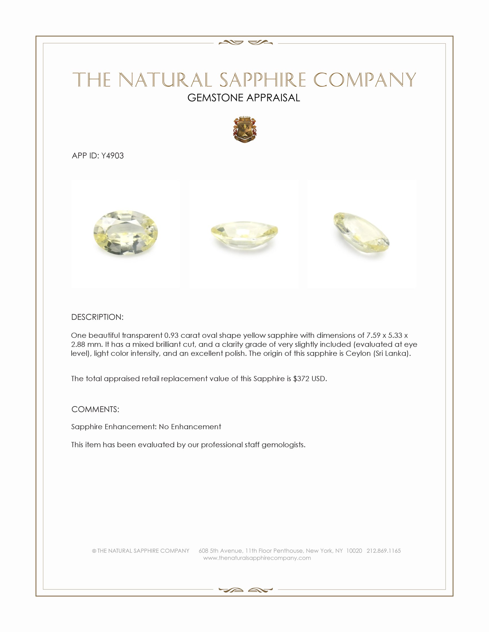 0.93 Ct. Yellow Sapphire from Ceylon (Sri Lanka)