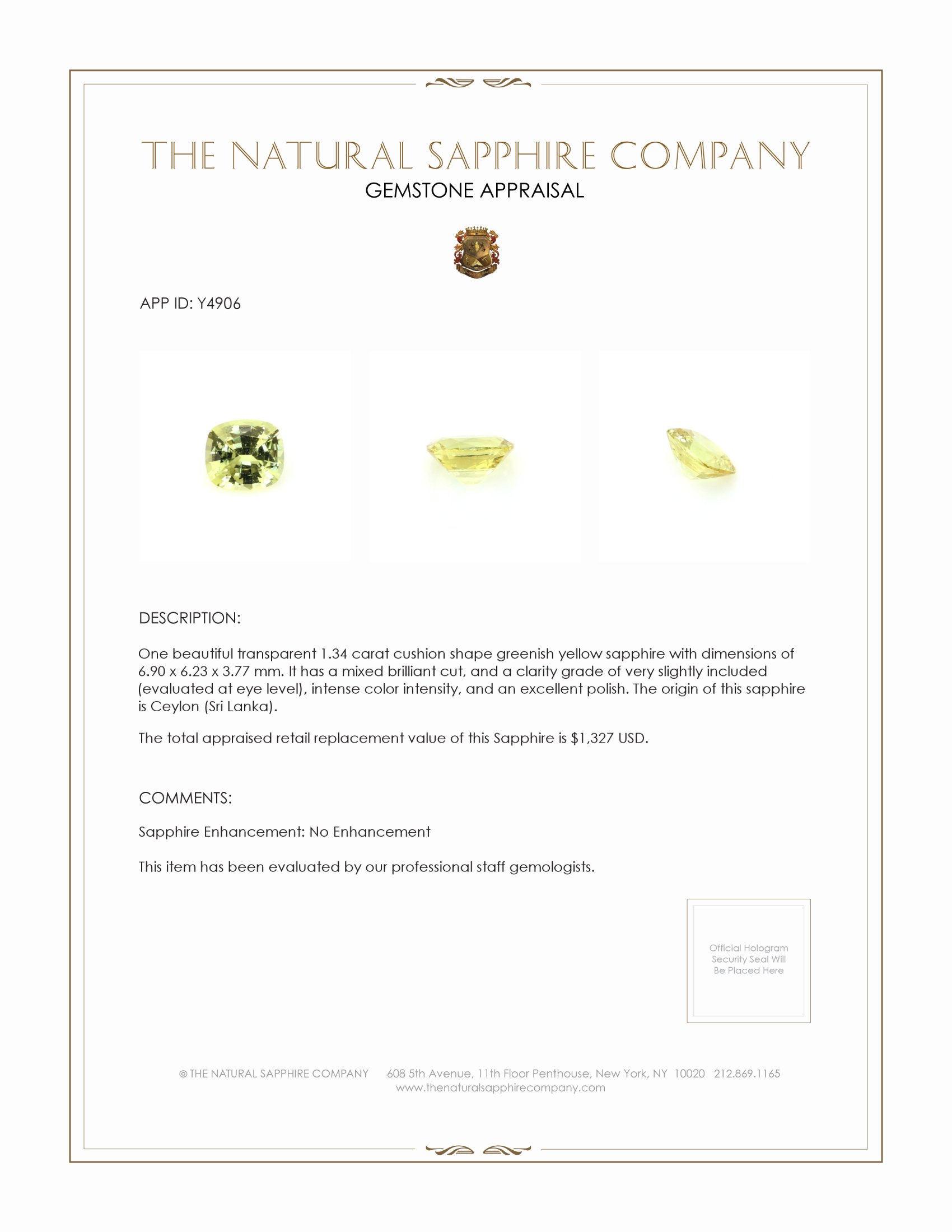 1.34 Ct. Greenish Yellow Sapphire from Ceylon (Sri Lanka)