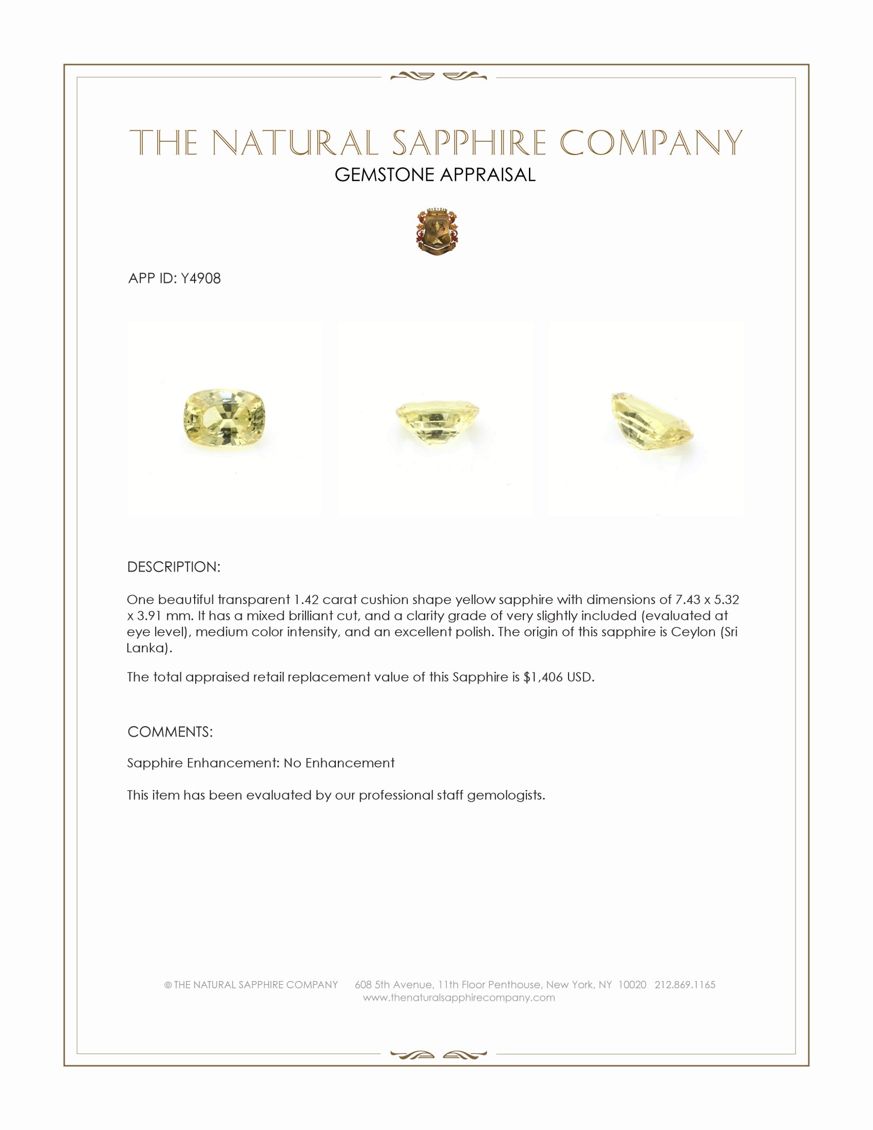 1.42 Ct. Yellow Sapphire from Ceylon (Sri Lanka)