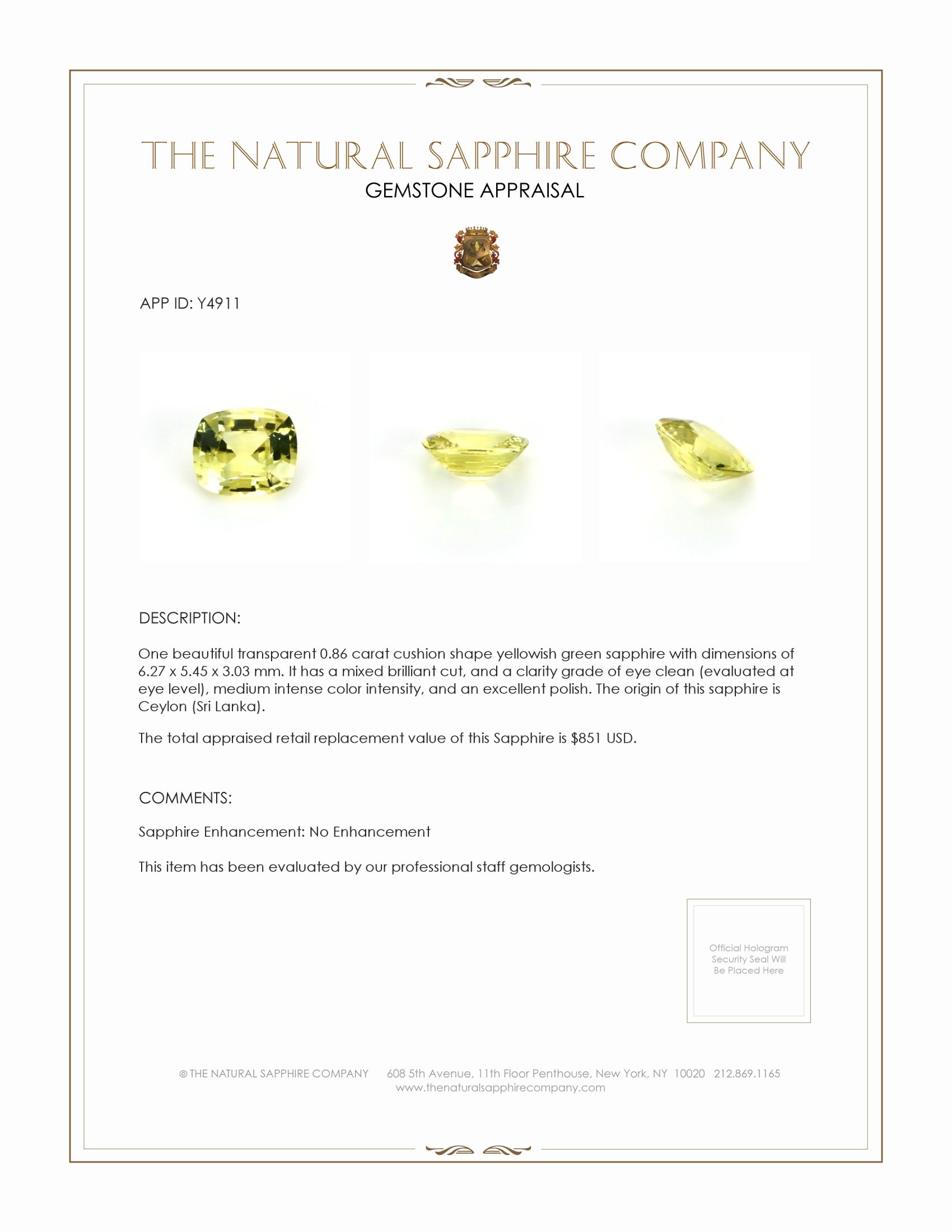 0.86 Ct. Yellowish Green Sapphire from Ceylon (Sri Lanka)