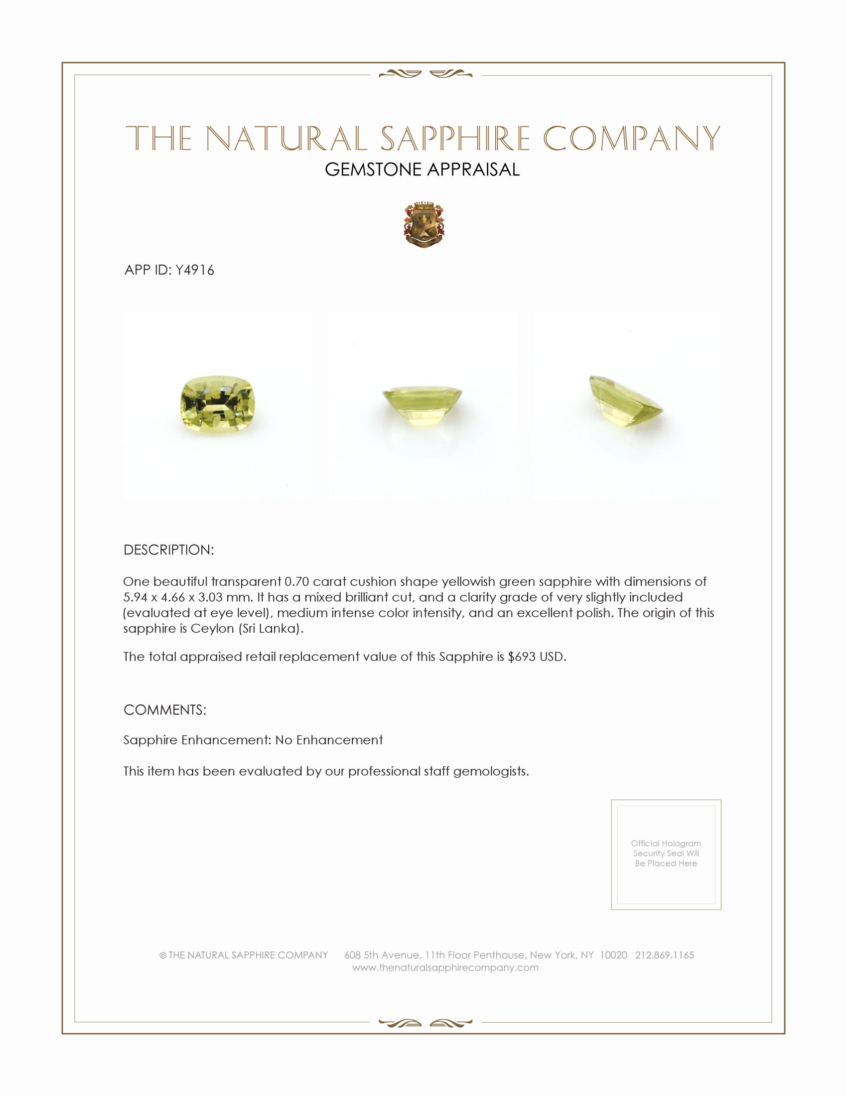0.70 Ct. Yellowish Green Sapphire from Ceylon (Sri Lanka)