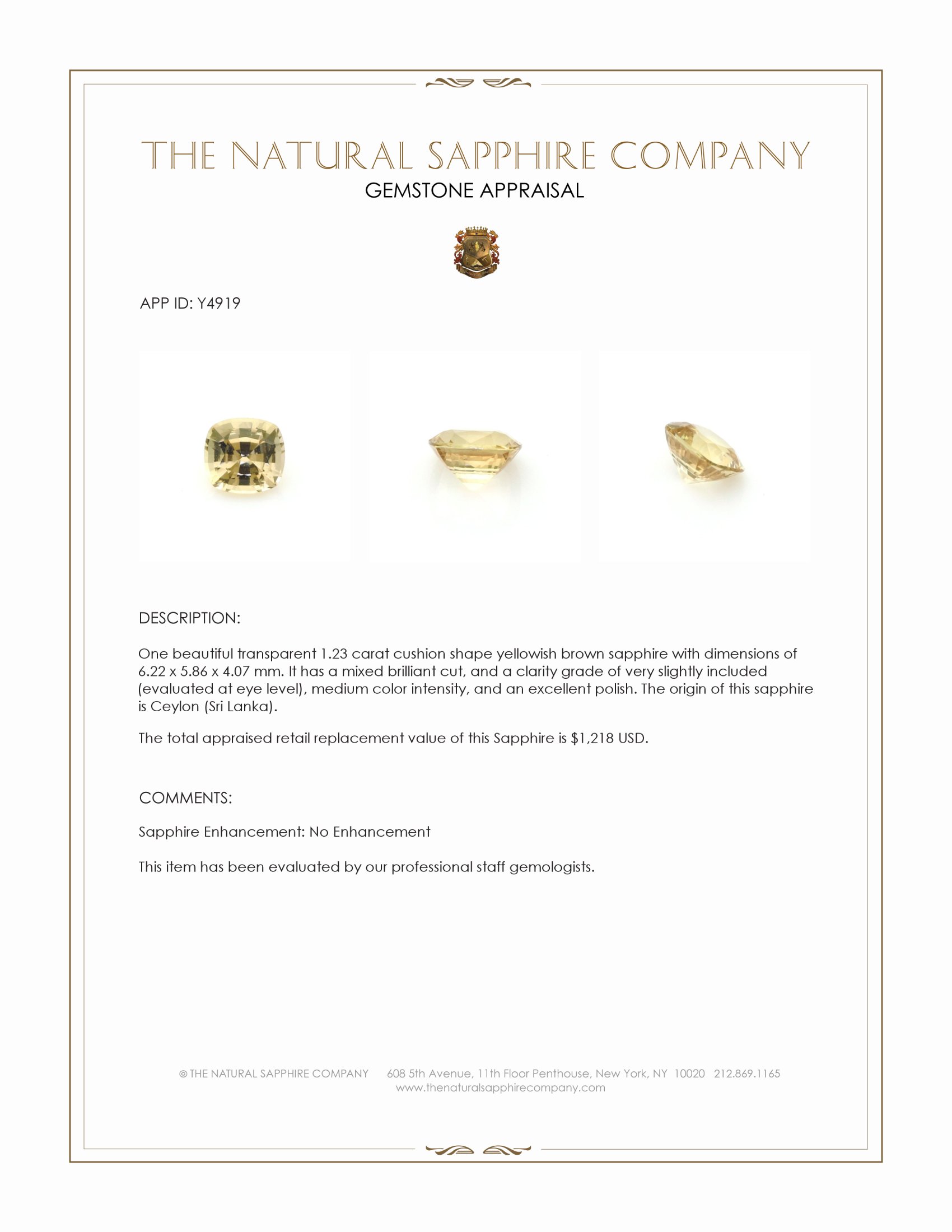 1.23 Ct. Yellowish Brown Sapphire from Ceylon (Sri Lanka)