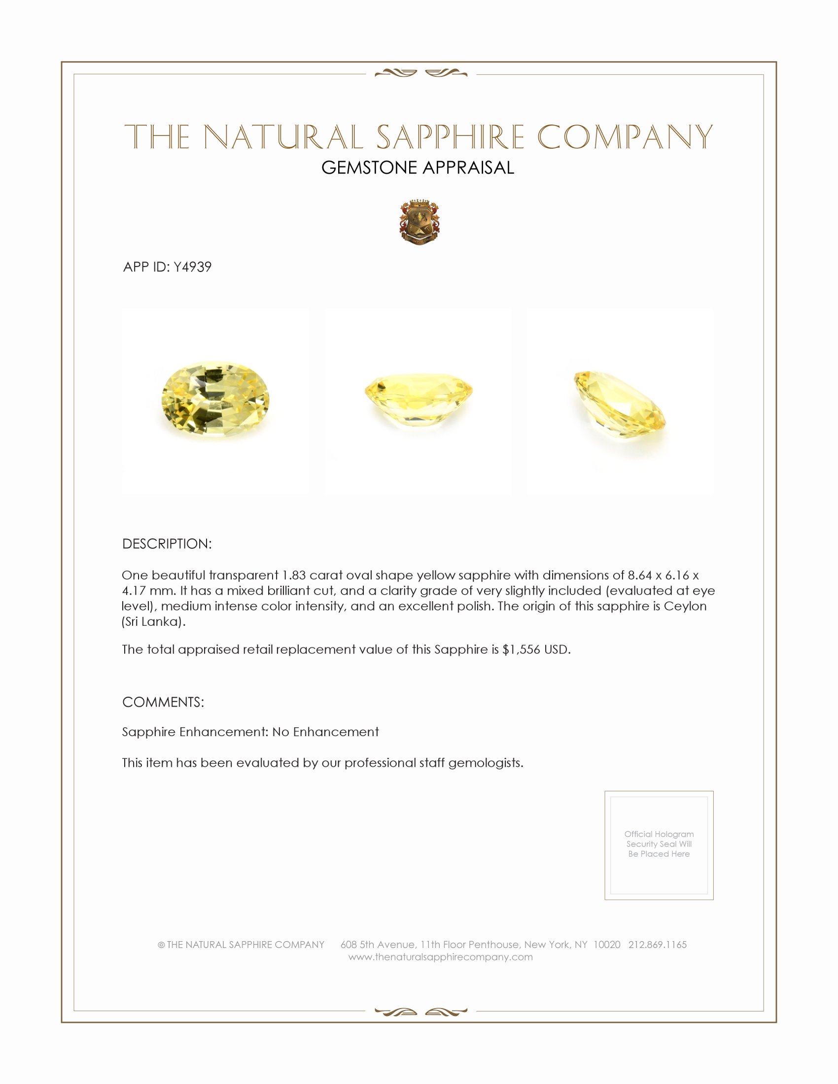 1.83 Ct. Yellow Sapphire from Ceylon (Sri Lanka)