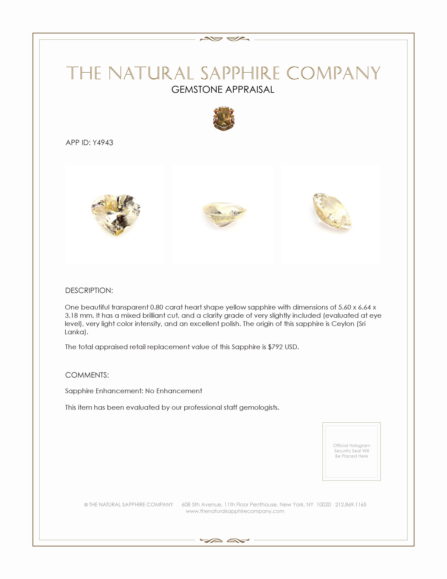 0.80 Ct. Yellow Sapphire from Ceylon (Sri Lanka)