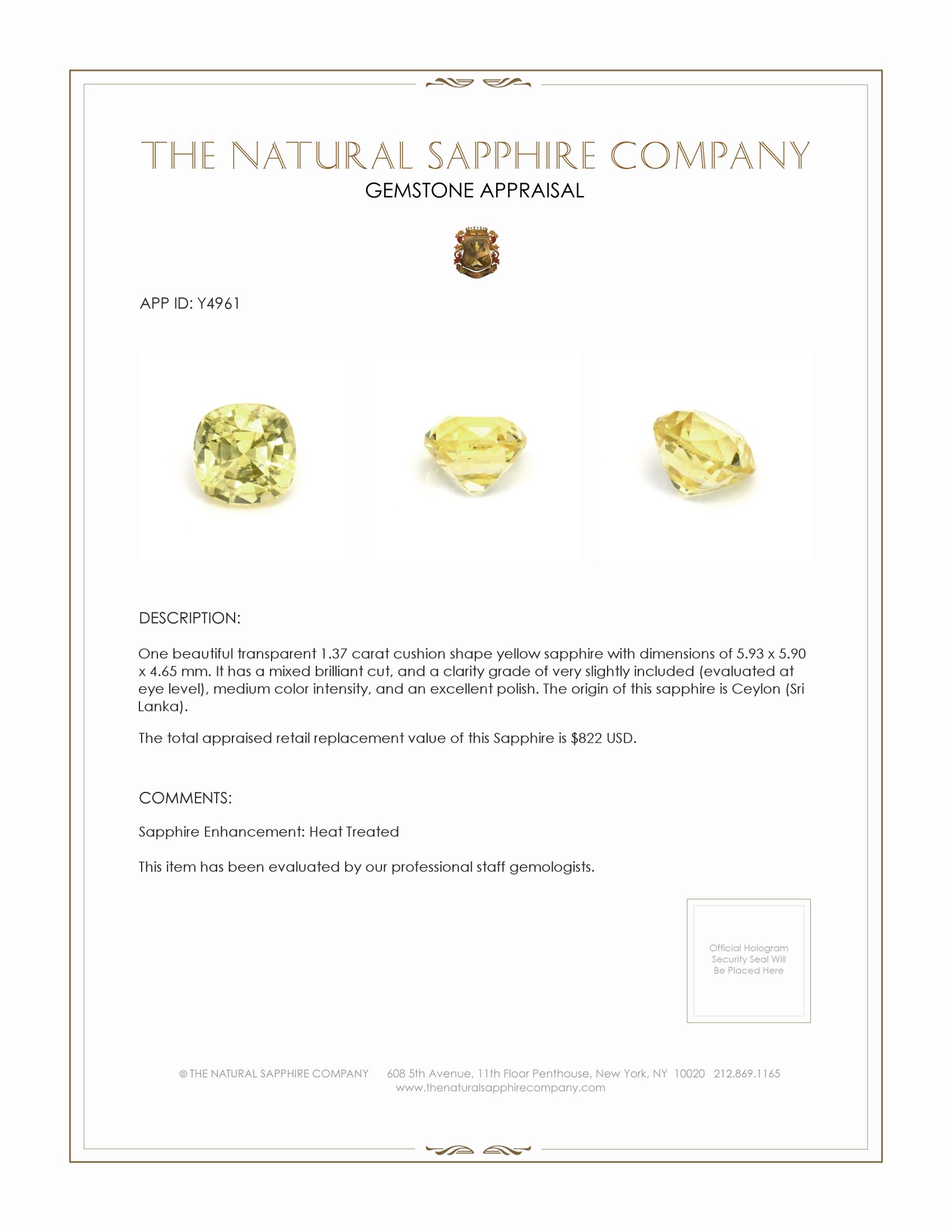 1.37 Ct. Yellow Sapphire from Ceylon (Sri Lanka)