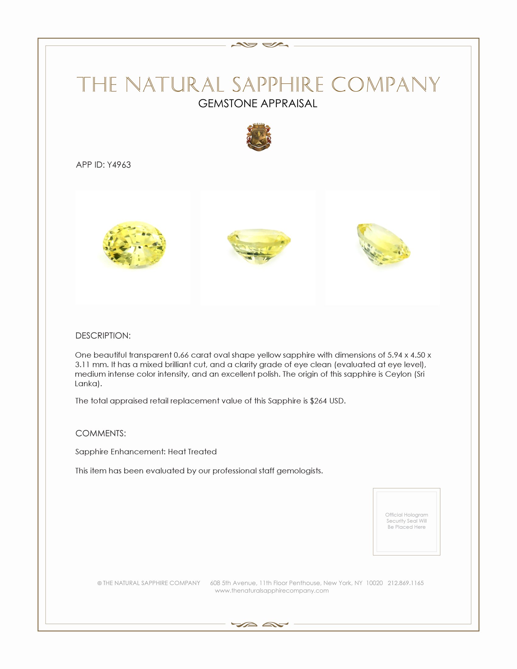 0.66 Ct. Yellow Sapphire from Ceylon (Sri Lanka)