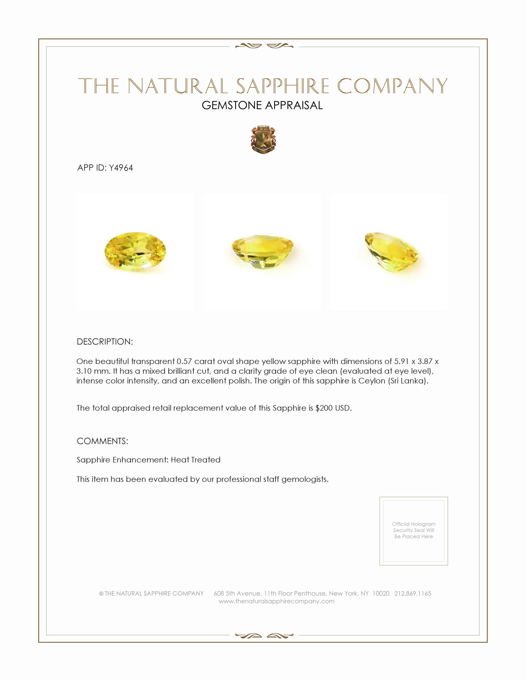 0.57 Ct. Yellow Sapphire from Ceylon (Sri Lanka)
