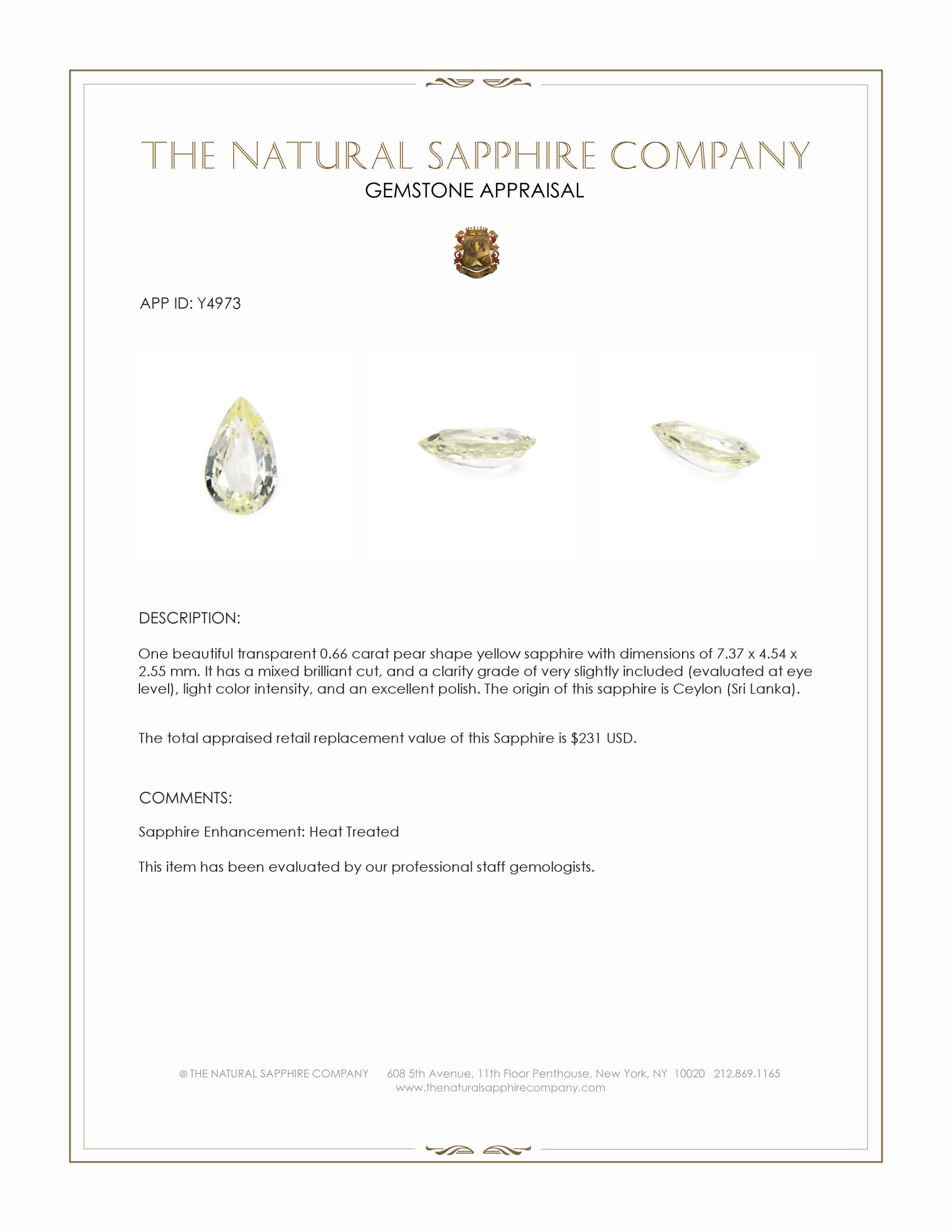 0.66 Ct. Yellow Sapphire from Ceylon (Sri Lanka)