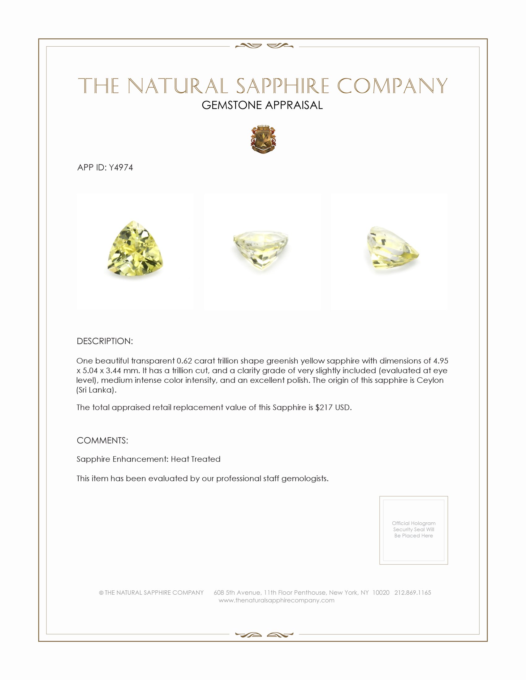 0.62 Ct. Greenish Yellow Sapphire from Ceylon (Sri Lanka)