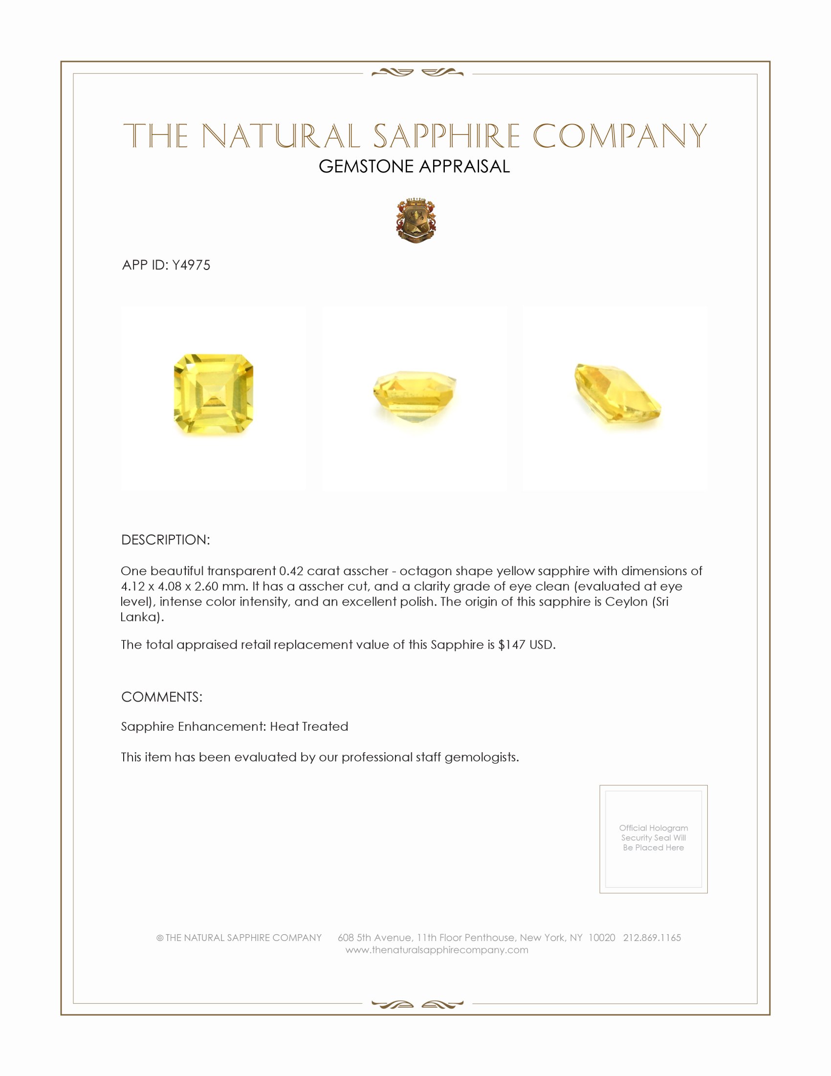 0.42 Ct. Yellow Sapphire from Ceylon (Sri Lanka)