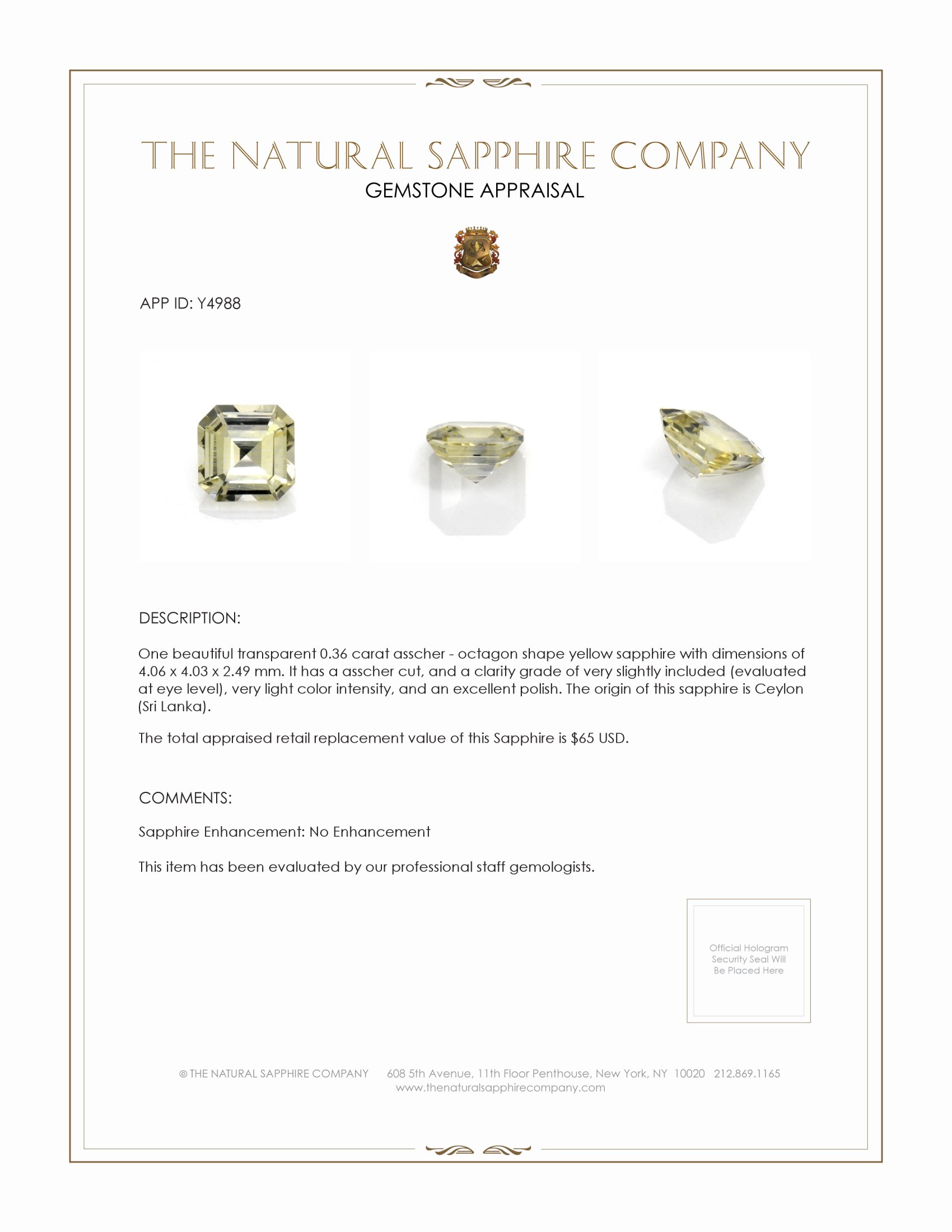 0.36 Ct. Yellow Sapphire from Ceylon (Sri Lanka)