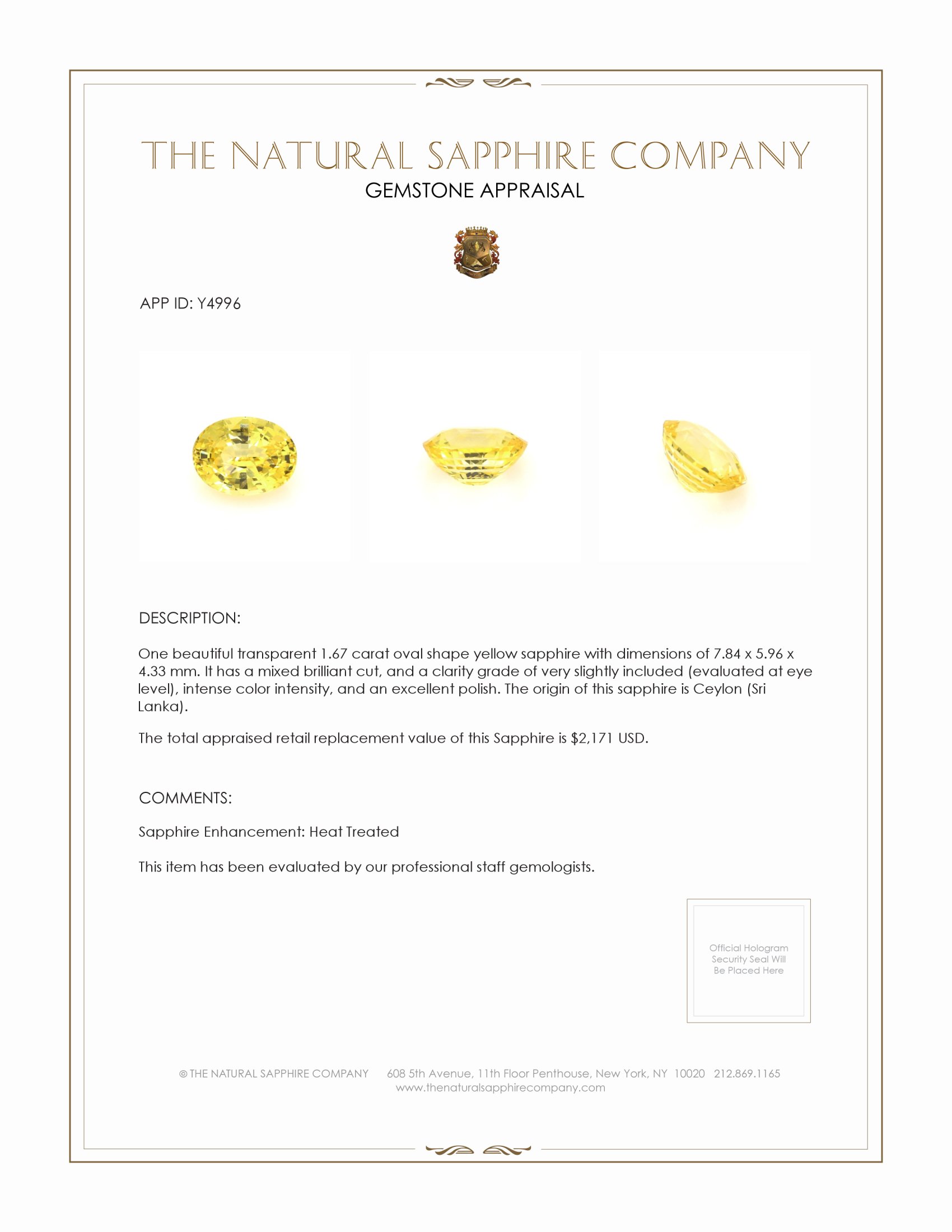 1.67 Ct. Yellow Sapphire from Ceylon (Sri Lanka)