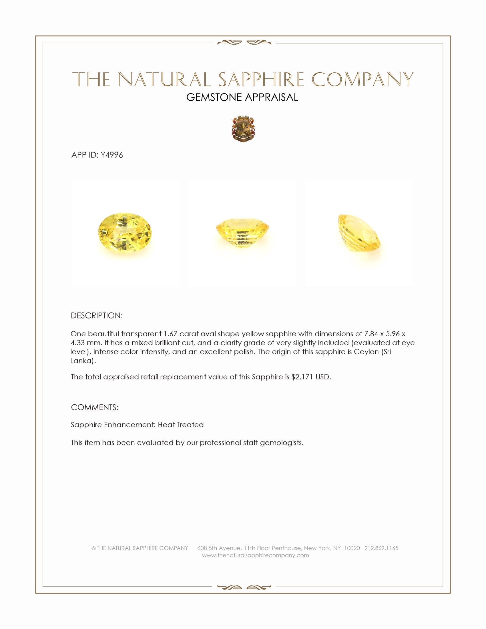 1.67 Ct. Yellow Sapphire from Ceylon (Sri Lanka)