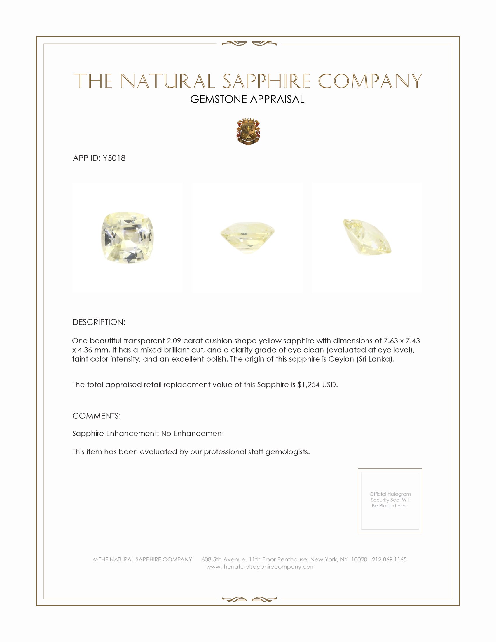 2.09 Ct. Yellow Sapphire from Ceylon (Sri Lanka)