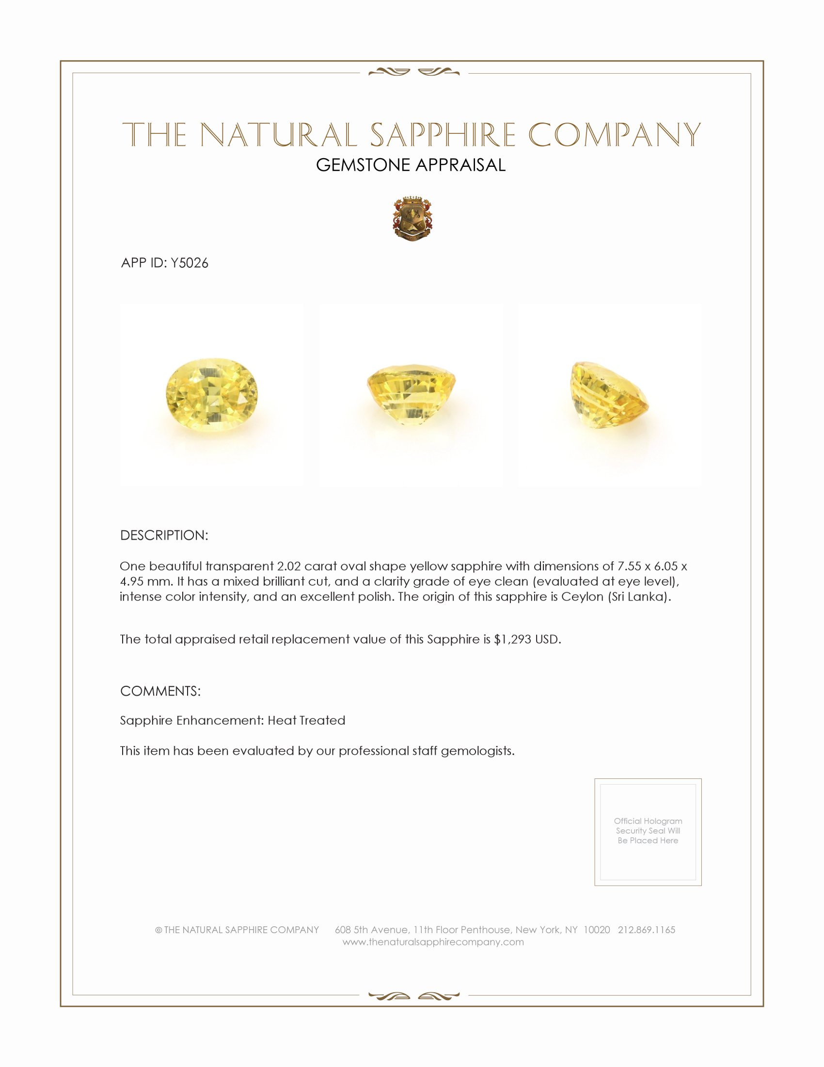 2.02 Ct. Yellow Sapphire from Ceylon (Sri Lanka)