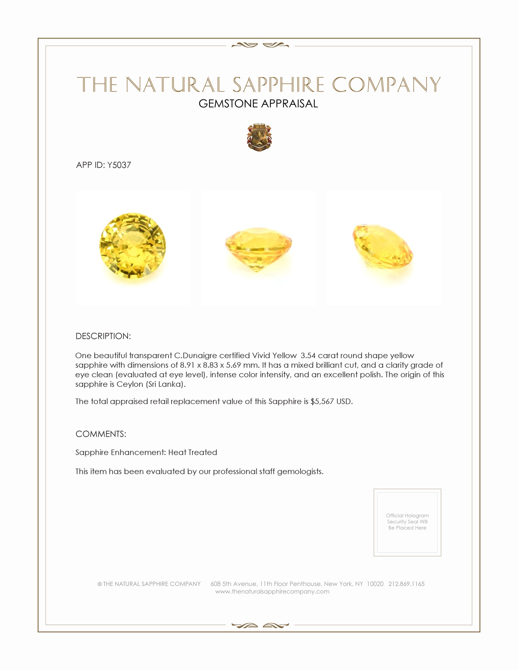 3.54 Ct. Yellow Sapphire from Ceylon (Sri Lanka)