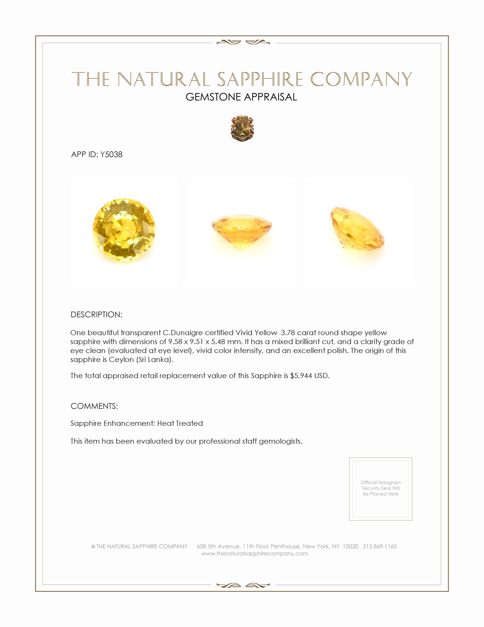 3.78 Ct. Yellow Sapphire from Ceylon (Sri Lanka)