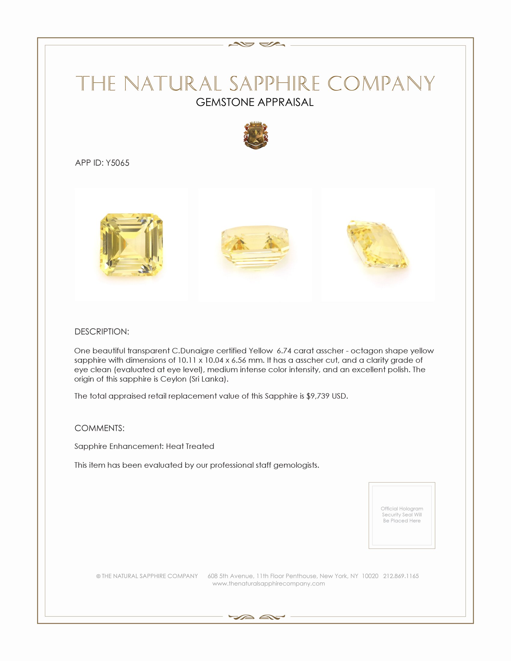 6.74 Ct. Yellow Sapphire from Ceylon (Sri Lanka)