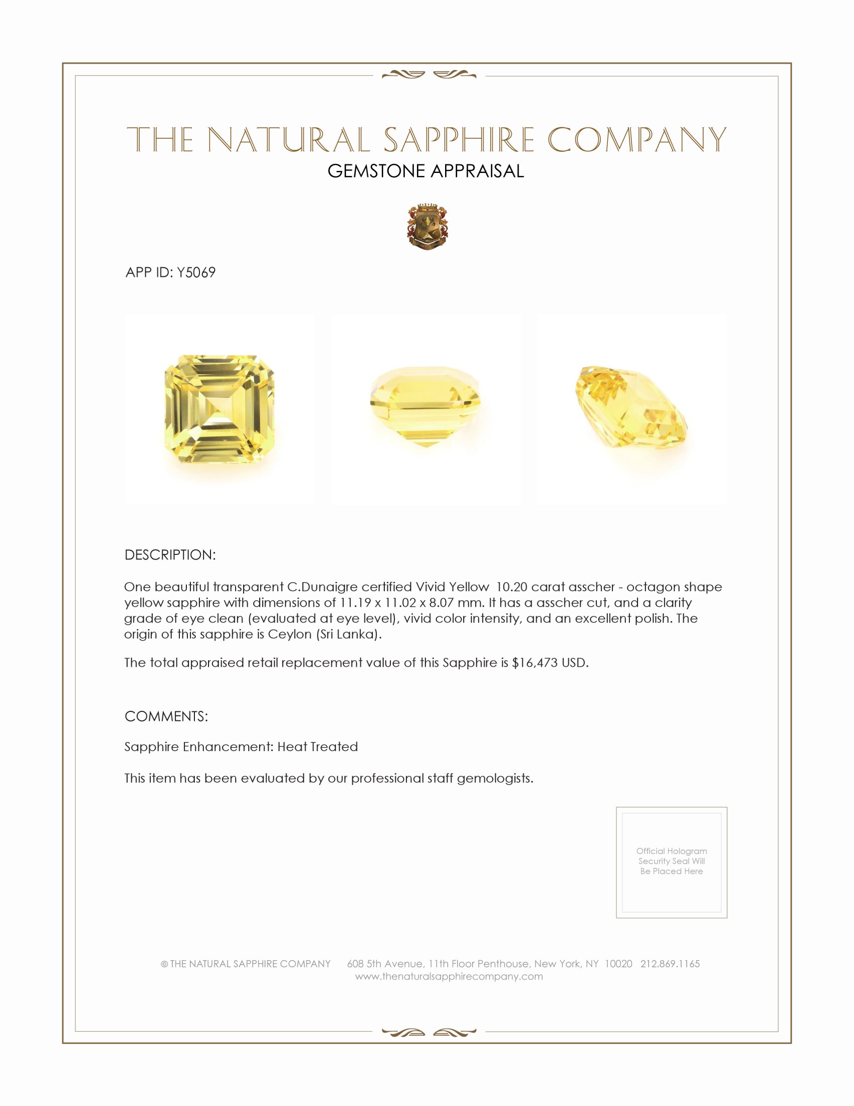10.20 Ct. Yellow Sapphire from Ceylon (Sri Lanka)