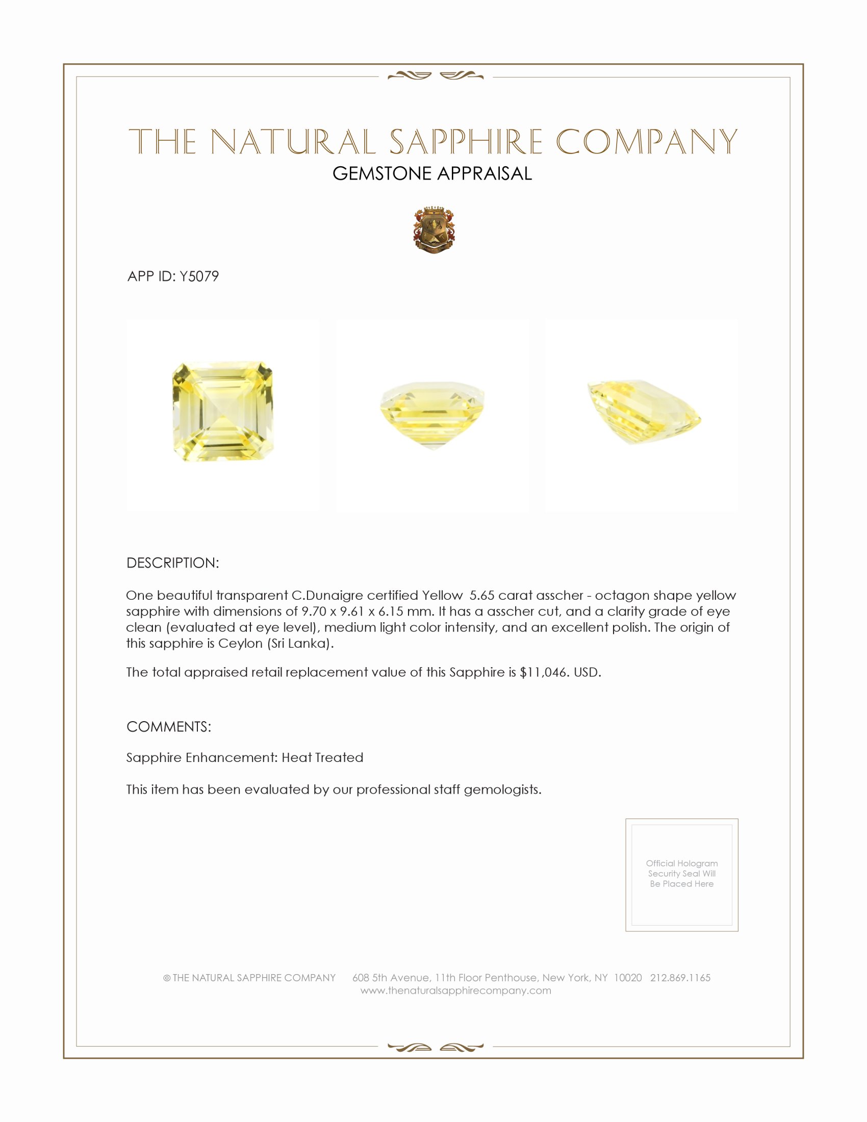 5.65 Ct. Yellow Sapphire from Ceylon (Sri Lanka)