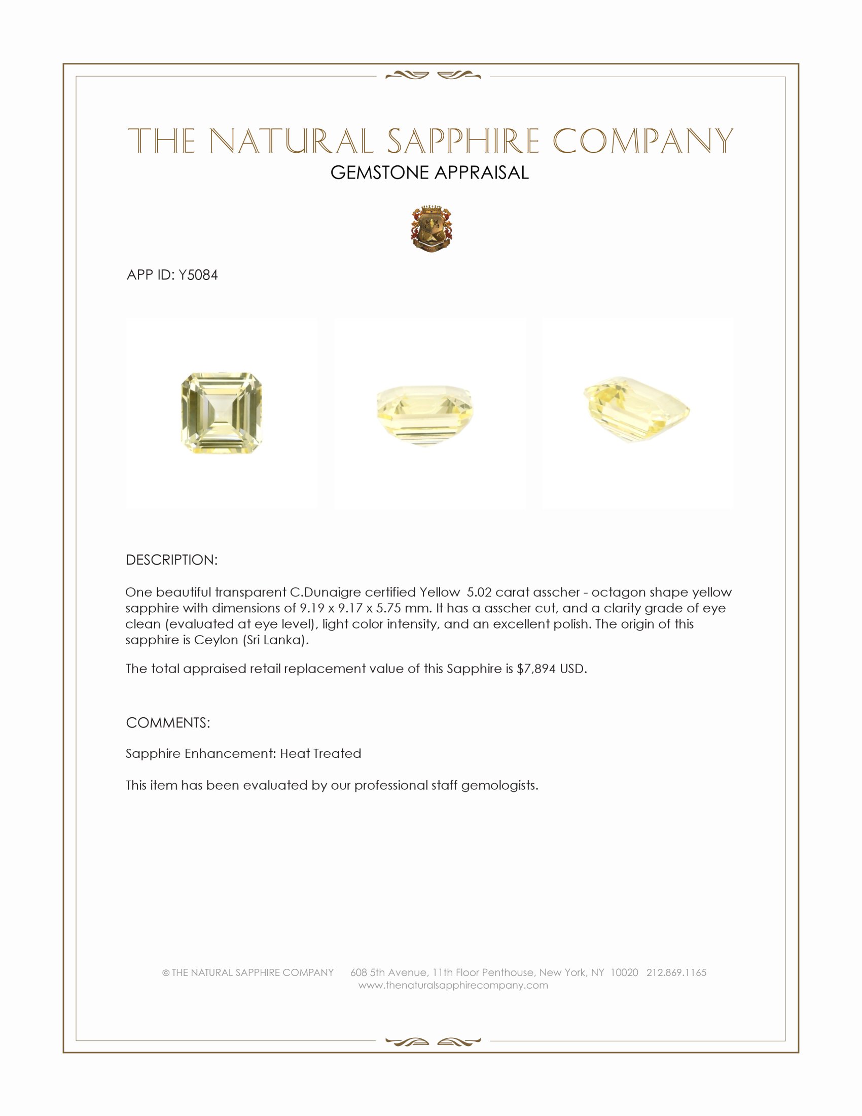 5.02 Ct. Yellow Sapphire from Ceylon (Sri Lanka)