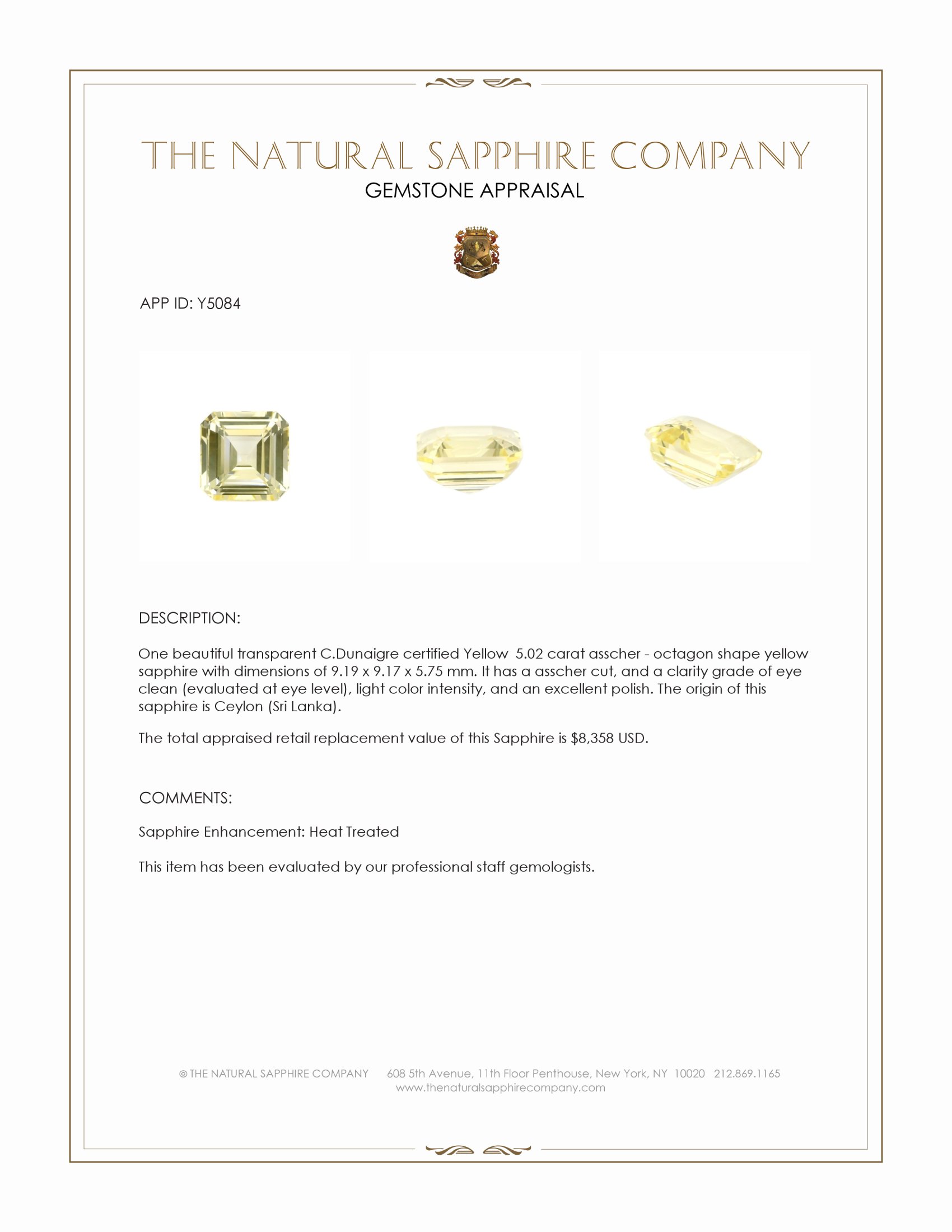 5.02 Ct. Yellow Sapphire from Ceylon (Sri Lanka)