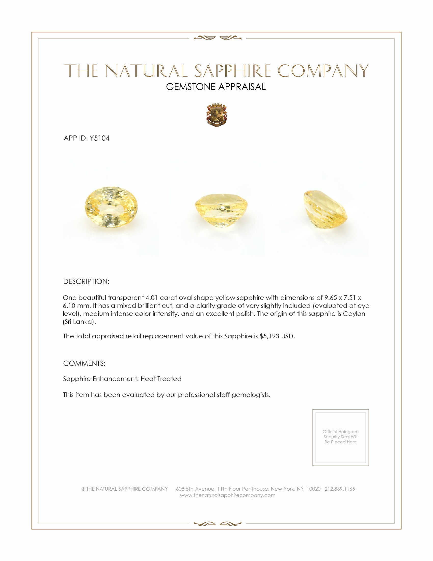 4.01 Ct. Yellow Sapphire from Ceylon (Sri Lanka)