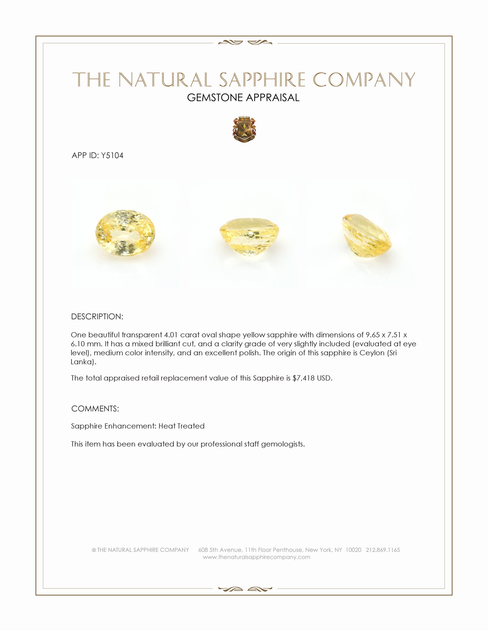 4.01 Ct. Yellow Sapphire from Ceylon (Sri Lanka)