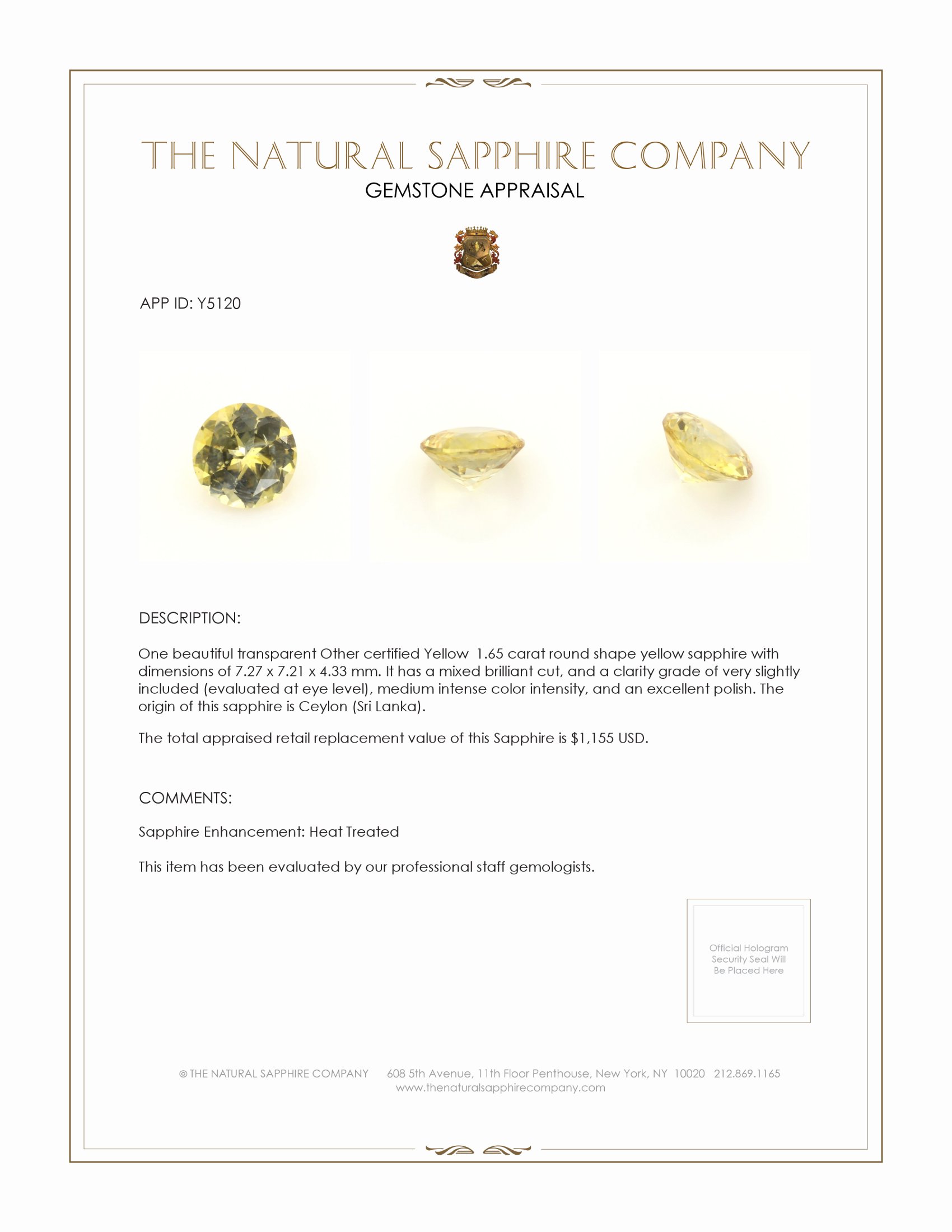 1.65 Ct. Yellow Sapphire from Ceylon (Sri Lanka)