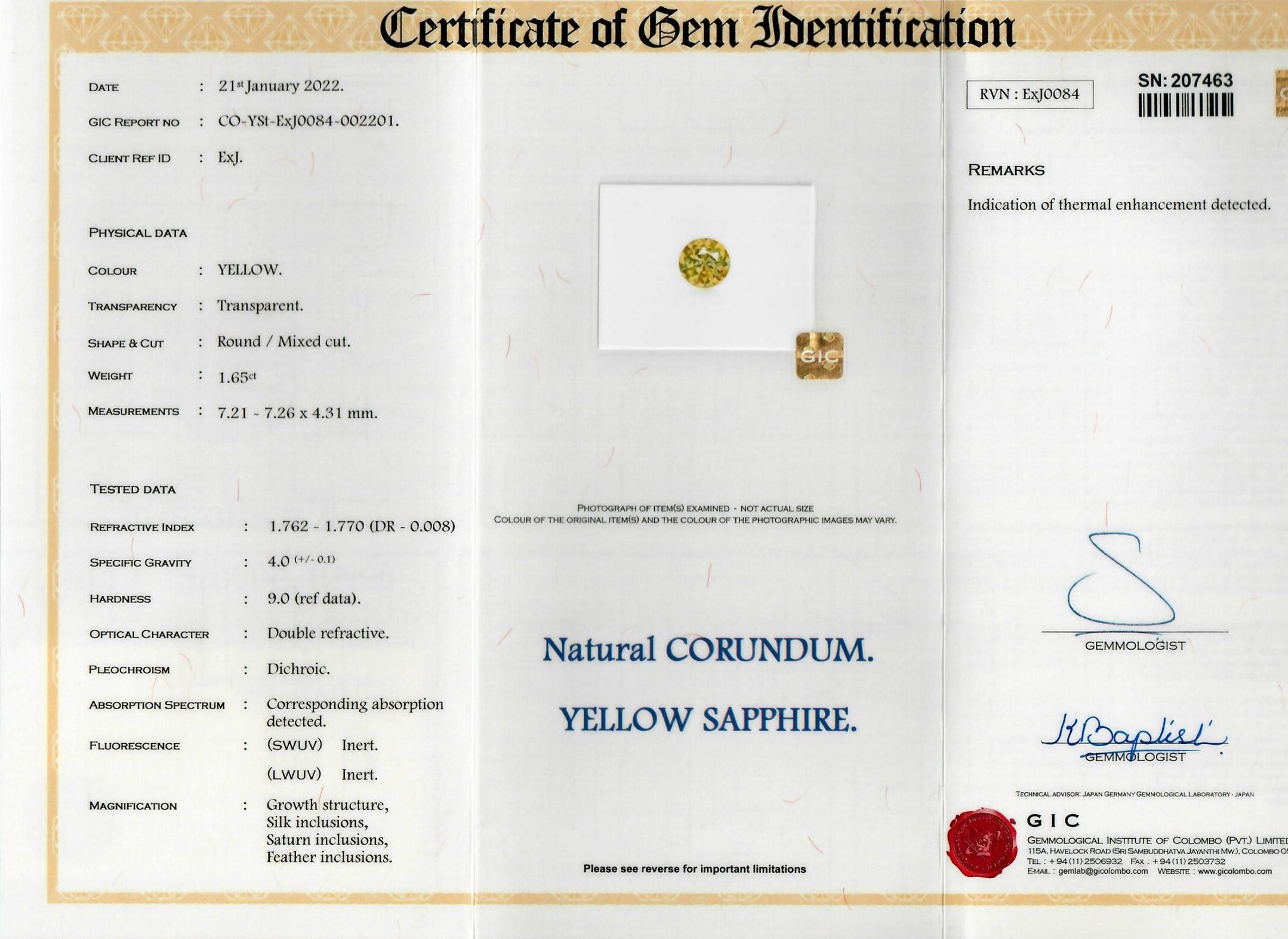 1.65 Ct. Yellow Sapphire from Ceylon (Sri Lanka)