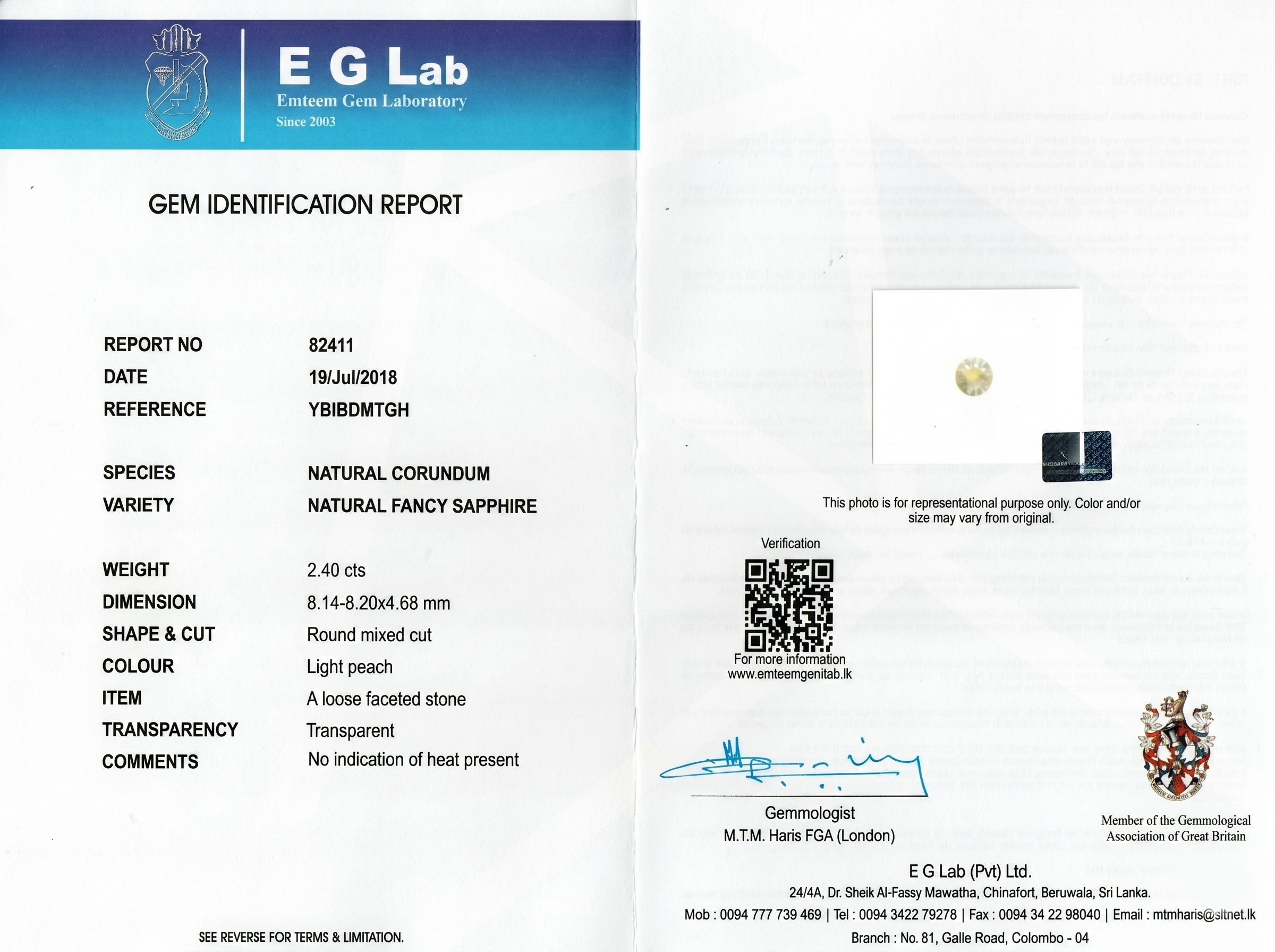 2.40 Ct. Peach Sapphire from Ceylon (Sri Lanka)