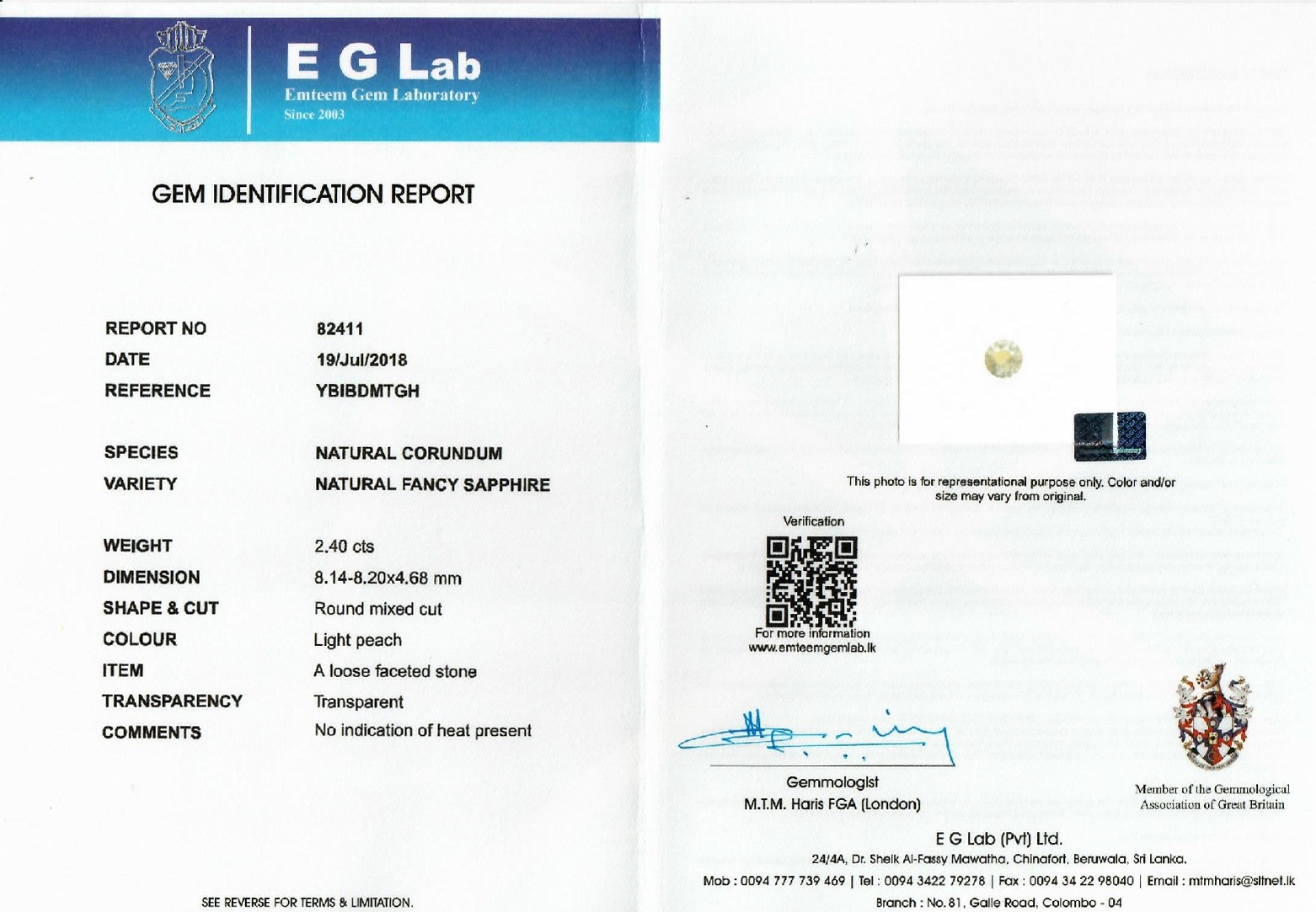 2.40 Ct. Peach Sapphire from Ceylon (Sri Lanka)