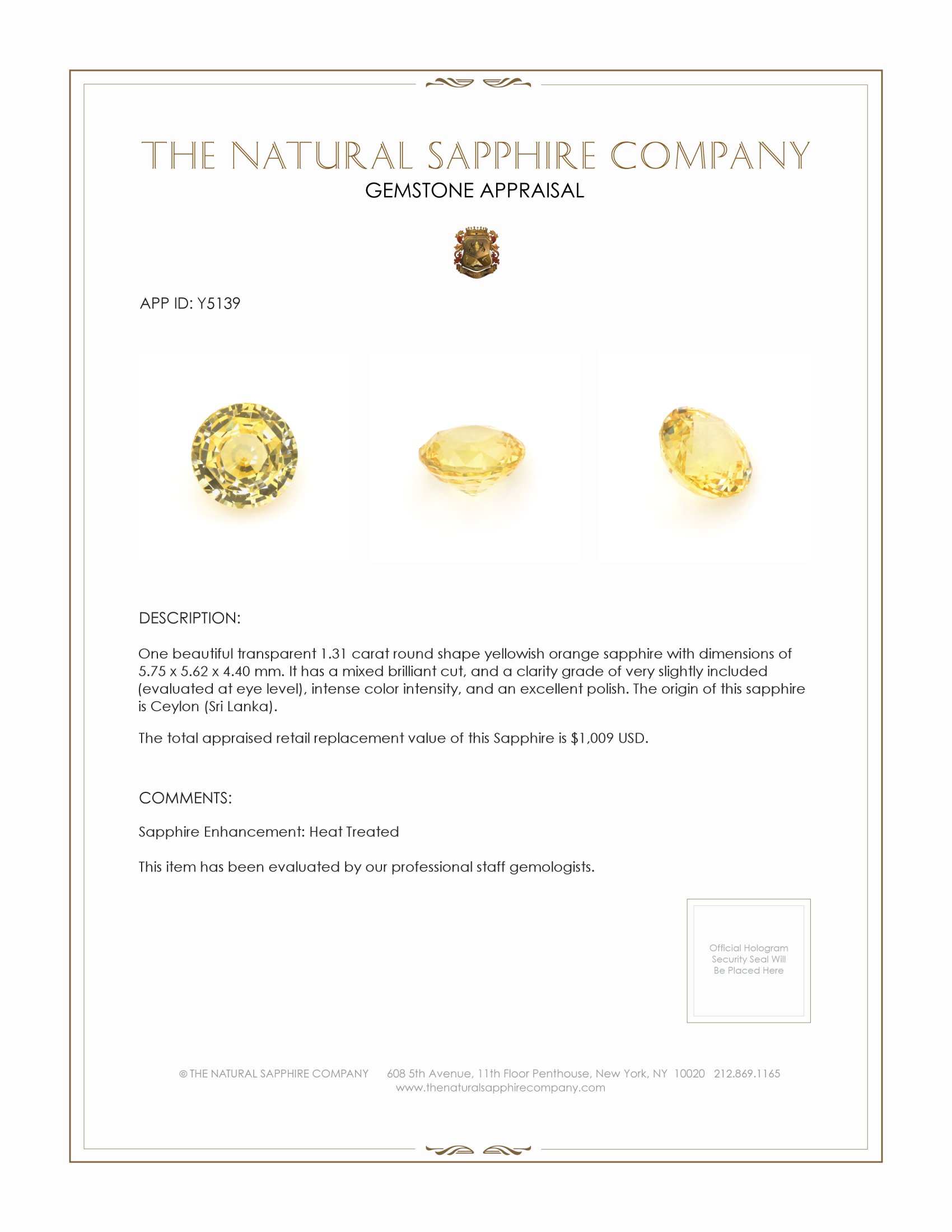 1.31 Ct. Orangish Yellow Sapphire from Ceylon (Sri Lanka)