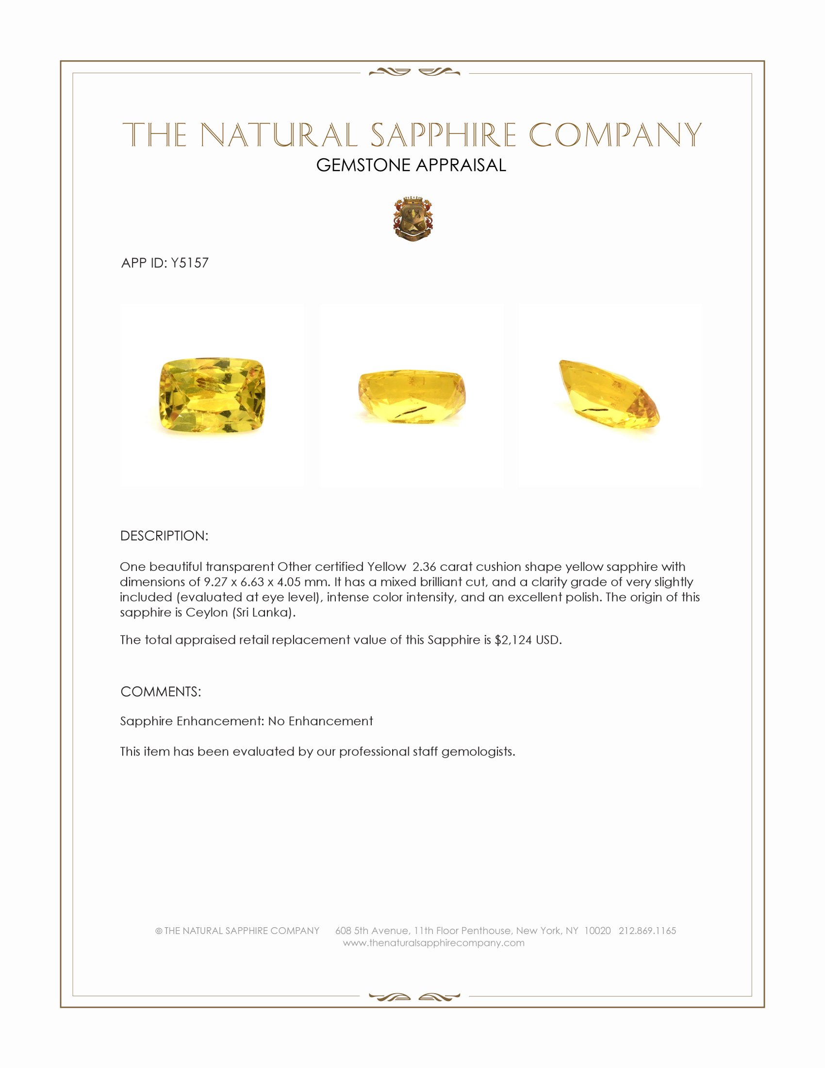 2.36 Ct. Yellow Sapphire from Ceylon (Sri Lanka)