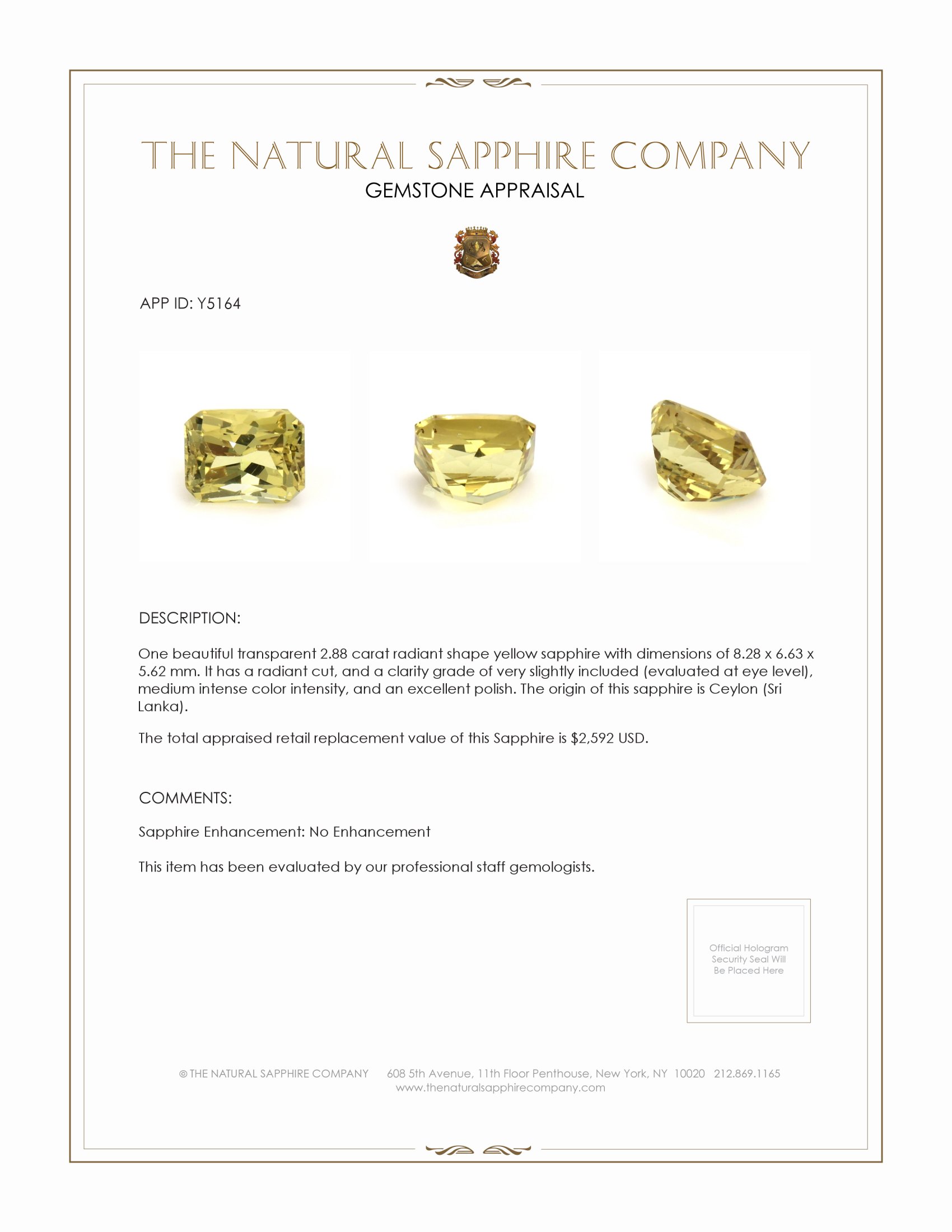 2.88 Ct. Yellow Sapphire from Ceylon (Sri Lanka)