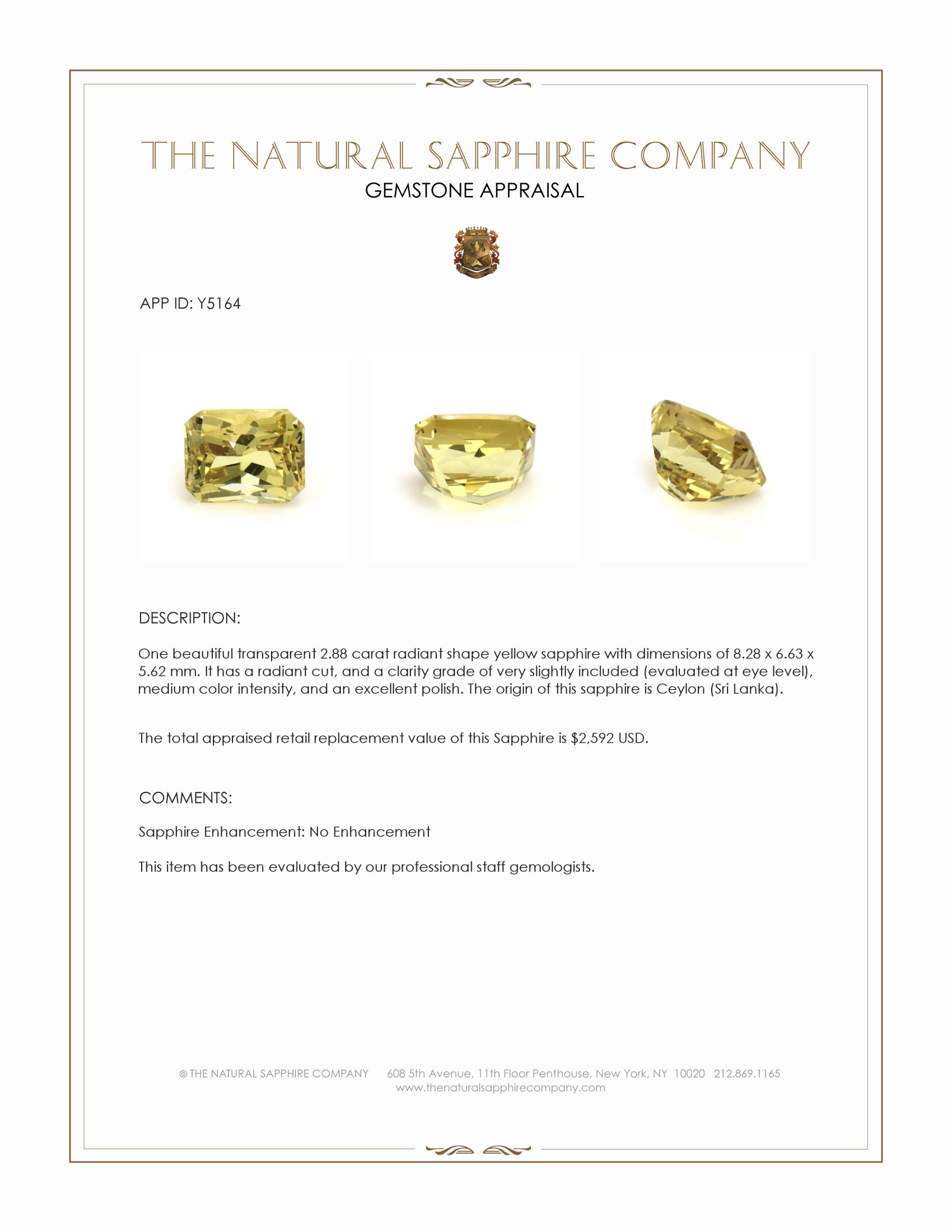 2.88 Ct. Yellow Sapphire from Ceylon (Sri Lanka)