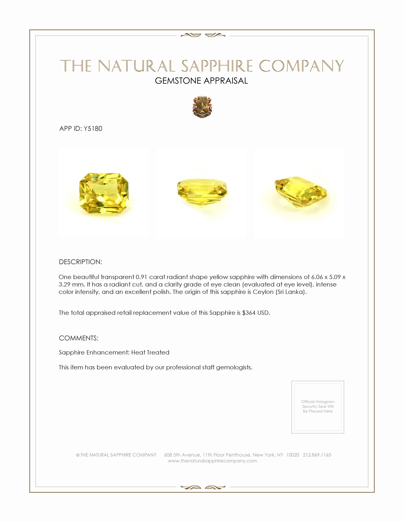 0.91 Ct. Yellow Sapphire from Ceylon (Sri Lanka)