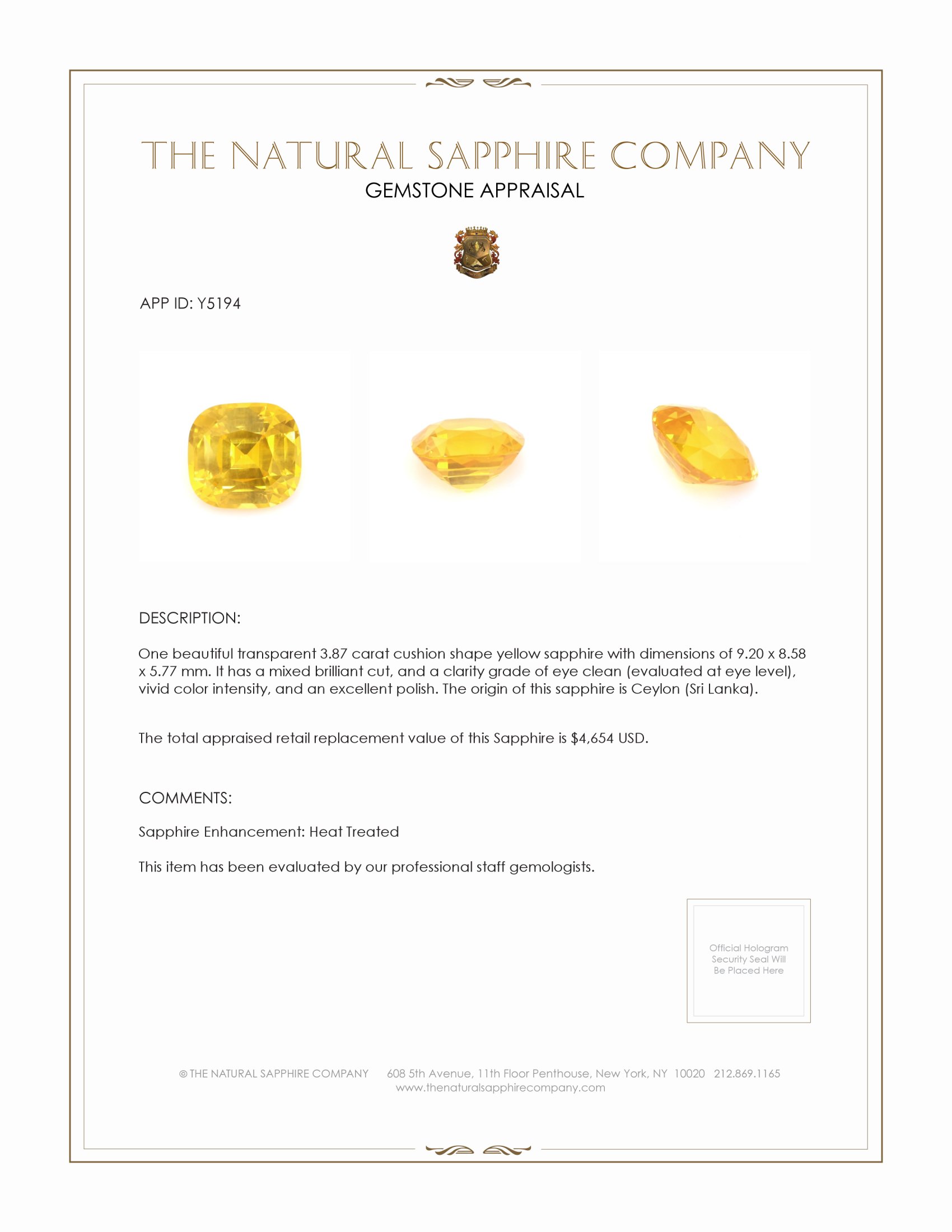 3.87 Ct. Yellow Sapphire from Ceylon (Sri Lanka)