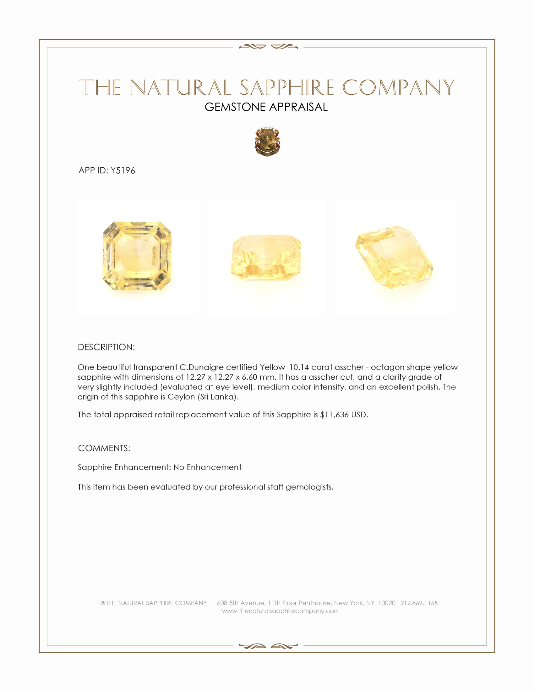 10.14 Ct. Yellow Sapphire from Ceylon (Sri Lanka)