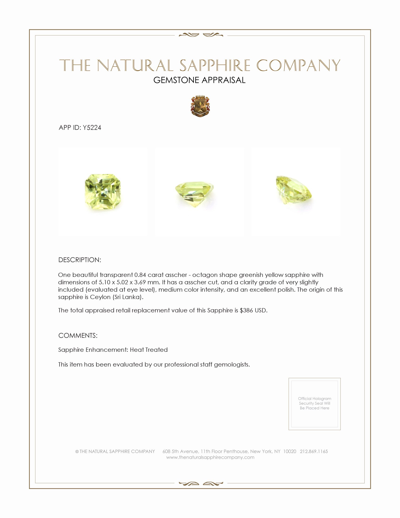 0.84 Ct. Greenish Yellow Sapphire from Ceylon (Sri Lanka)