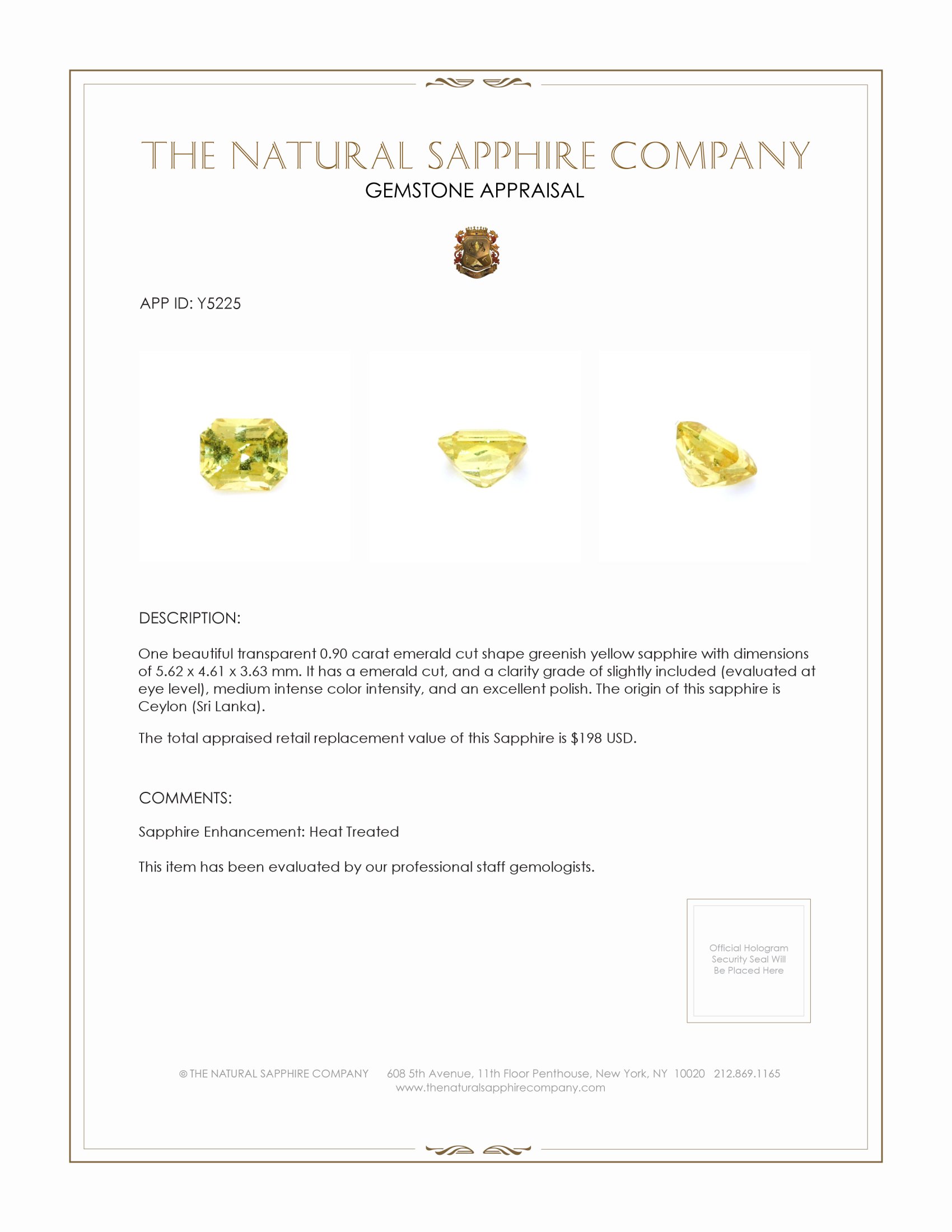 0.90 Ct. Greenish Yellow Sapphire from Ceylon (Sri Lanka)