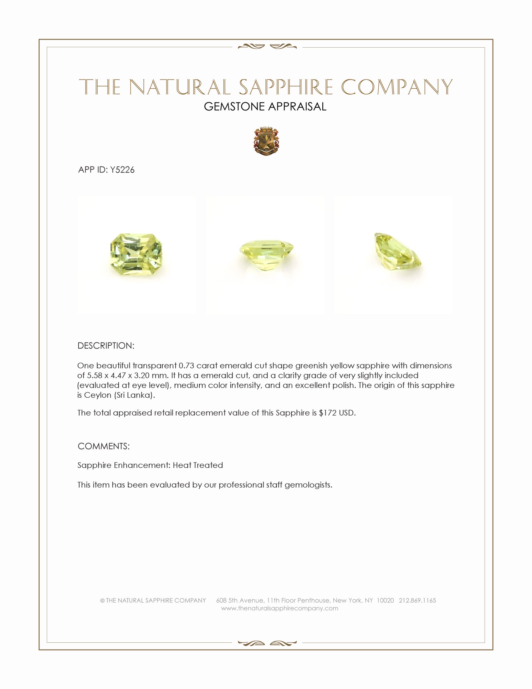 0.73 Ct. Greenish Yellow Sapphire from Ceylon (Sri Lanka)