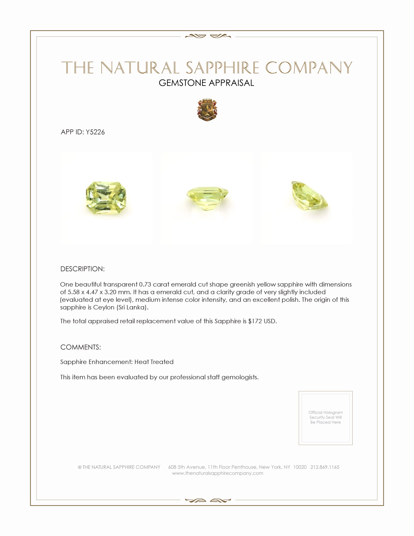 0.73 Ct. Greenish Yellow Sapphire from Ceylon (Sri Lanka)
