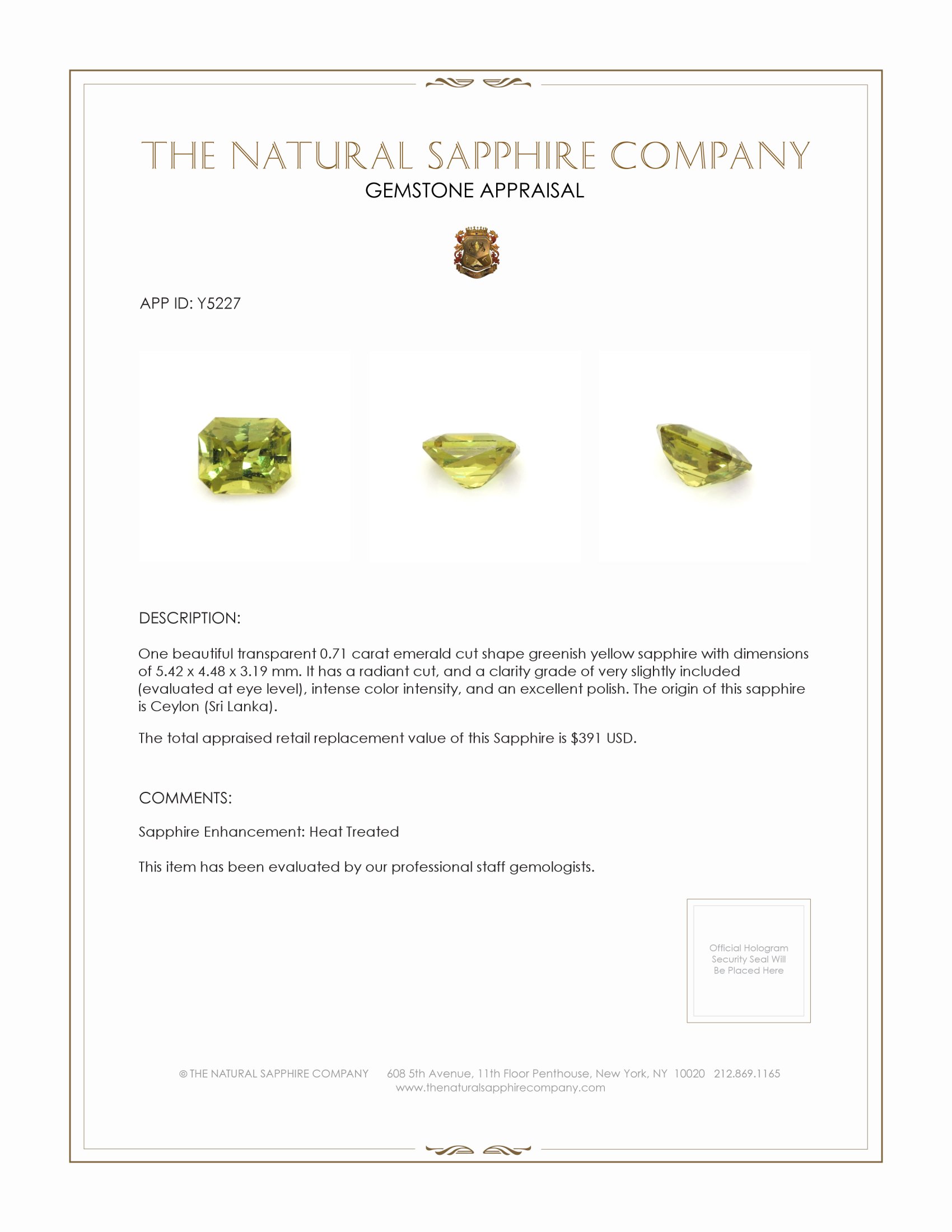 0.71 Ct. Greenish Yellow Sapphire from Ceylon (Sri Lanka)