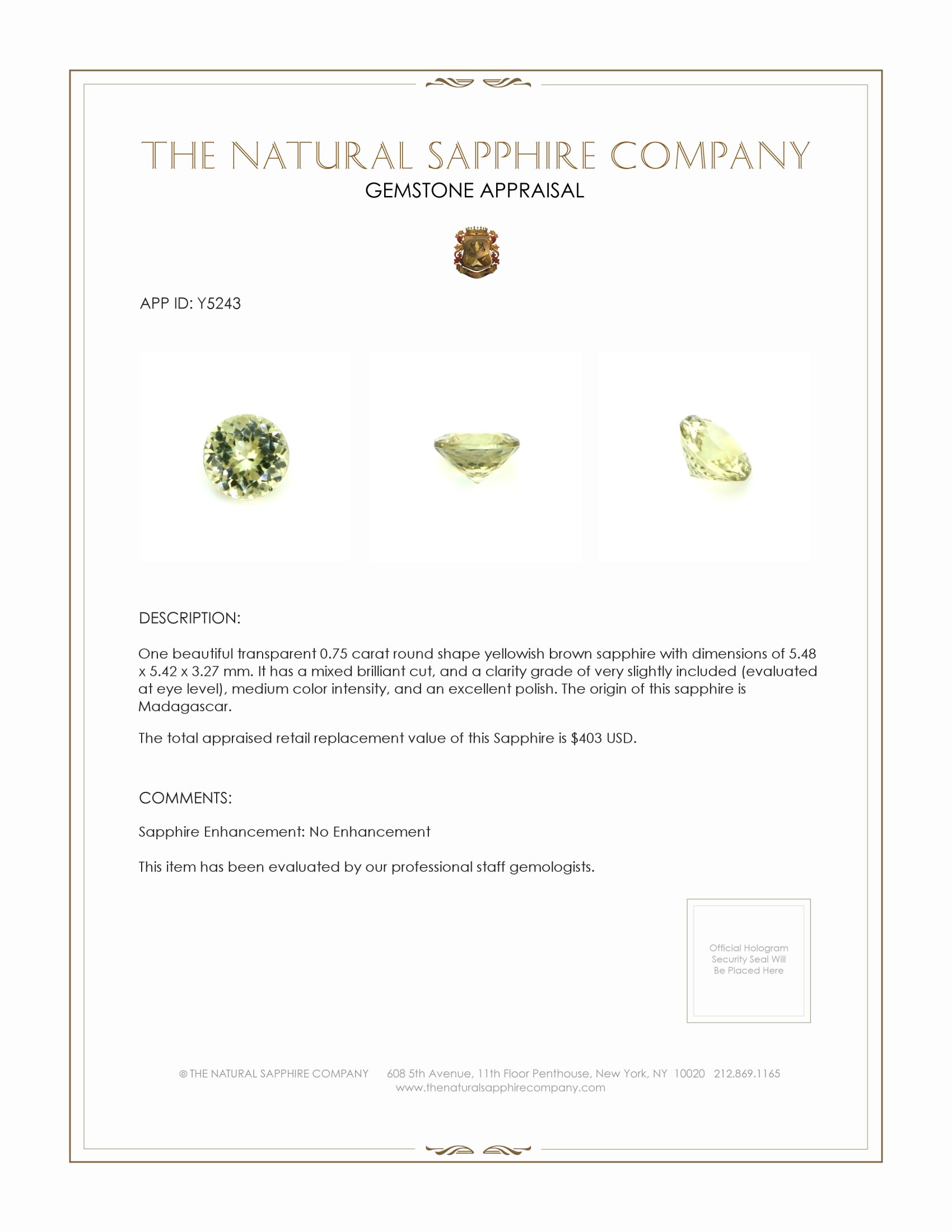 0.75 Ct. Yellowish Brown Sapphire from Madagascar